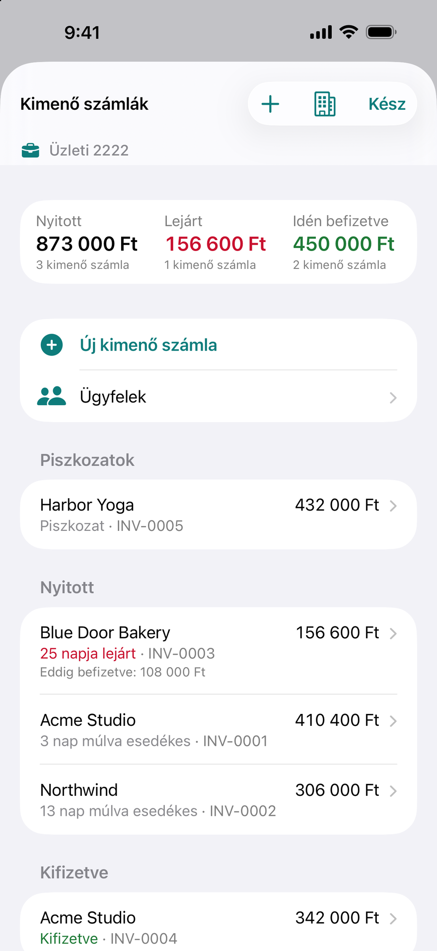 Kimenő számlák és ügyfelek