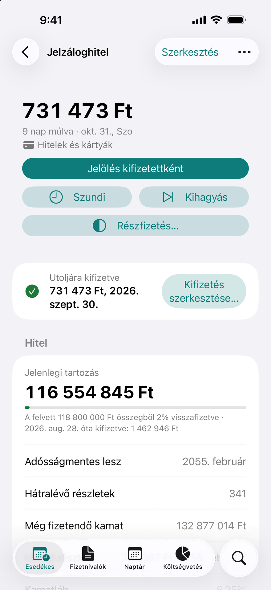 DueBy hitel részletei: egy jelzáloghitel havi törlesztőrészlete, a hátralévő tartozás és az adósságmentesség napja