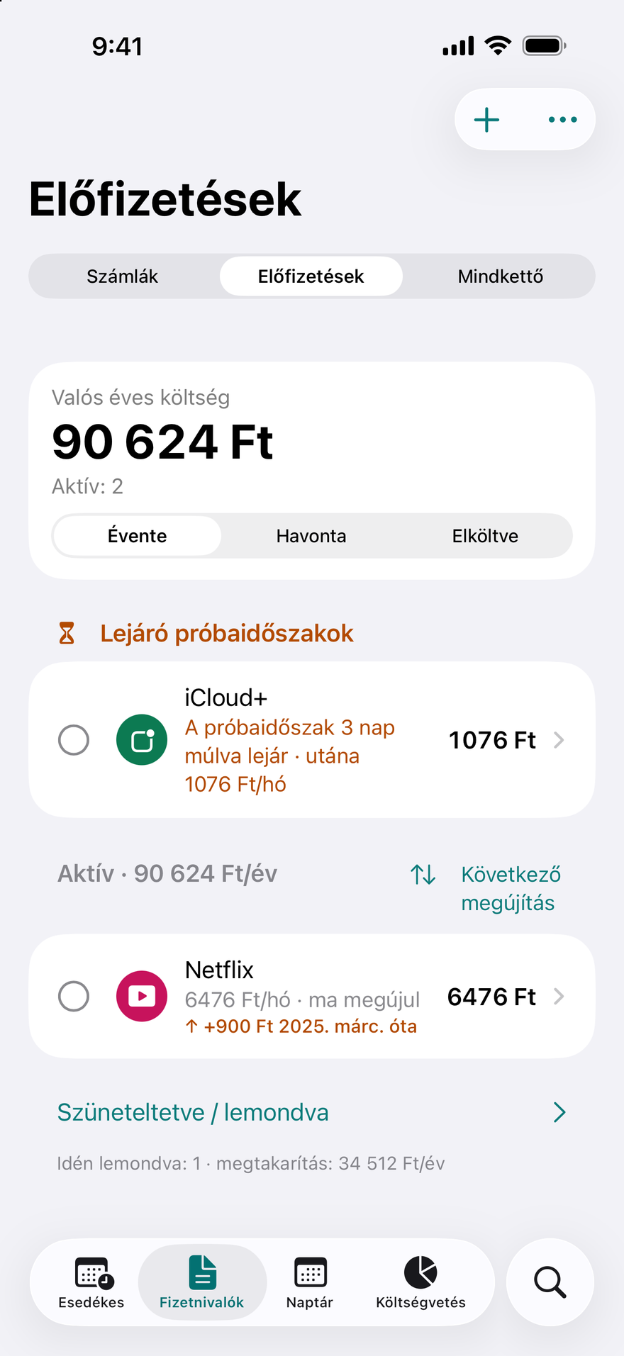 DueBy Előfizetések: lejáró próbaidőszakok, aktív előfizetések éves összesítővel és egy áremelést jelző címke