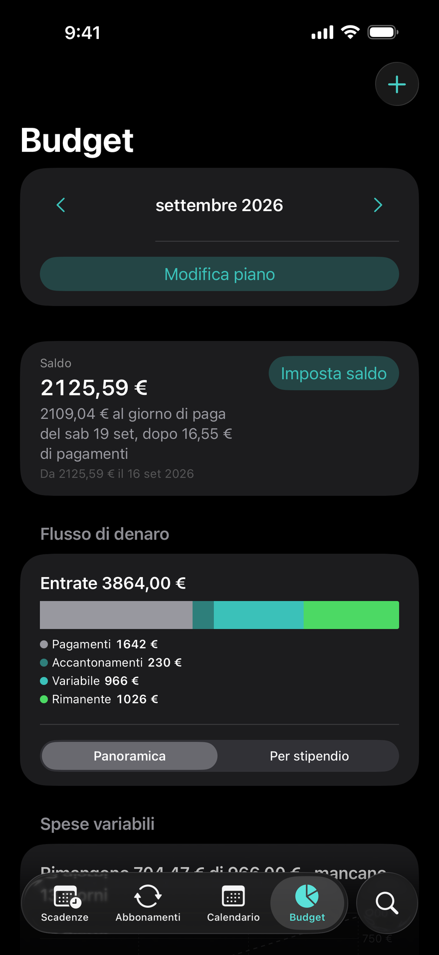 Budget di DueBy: barra del flusso di denaro, schede per stipendio e avanzamento per categoria