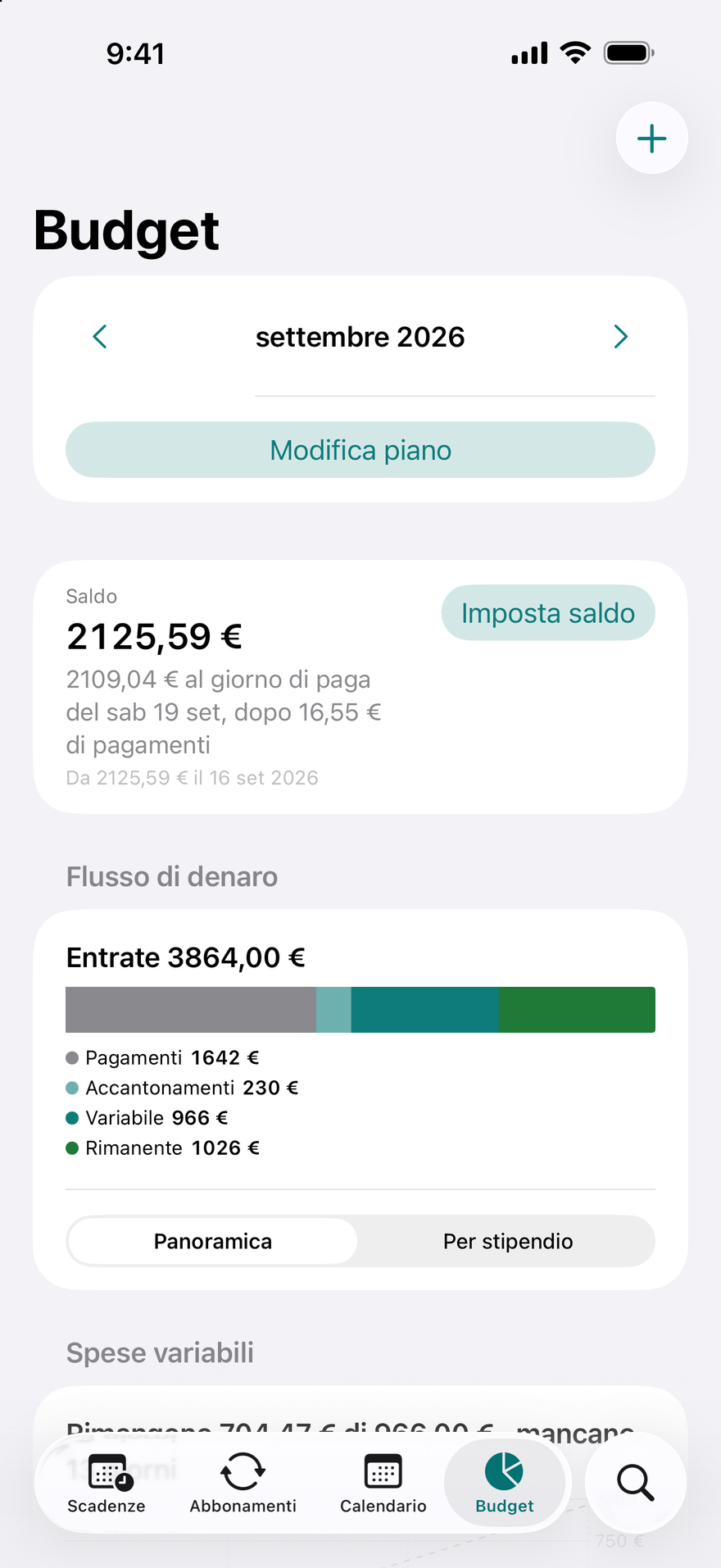 Budget di DueBy: barra del flusso di denaro, schede per stipendio e avanzamento per categoria