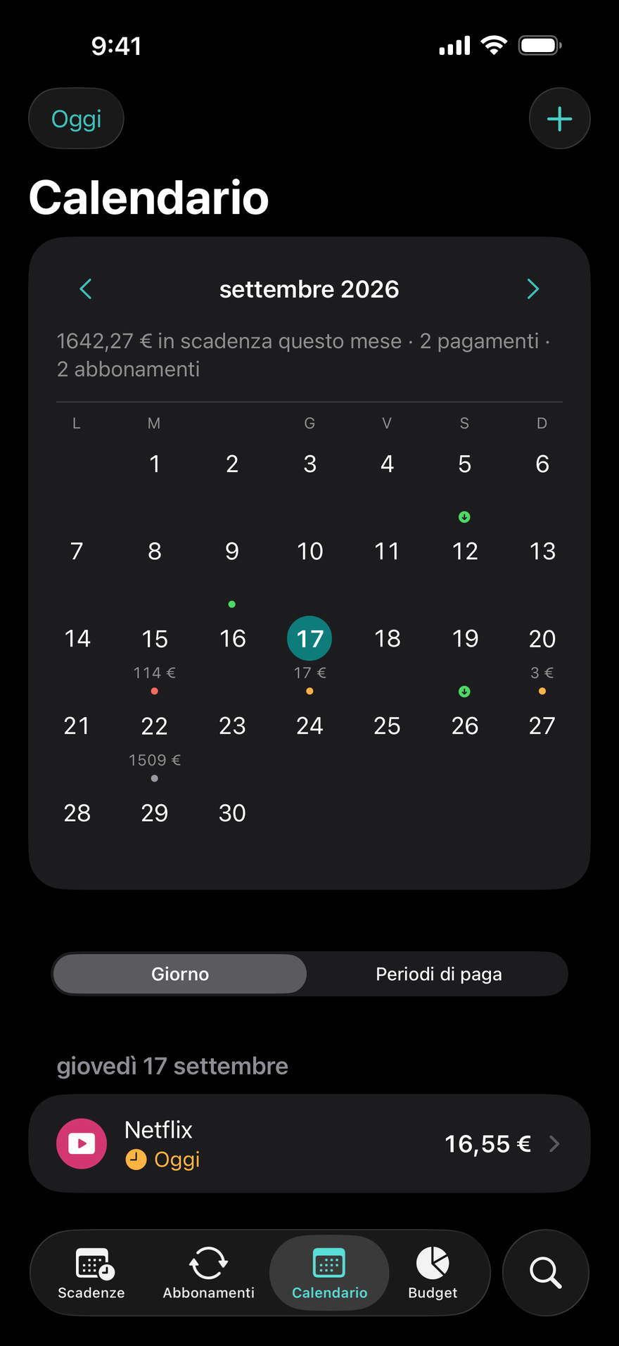 Calendario di DueBy: una griglia mensile con i puntini delle scadenze, i giorni di paga e i pagamenti del giorno selezionato