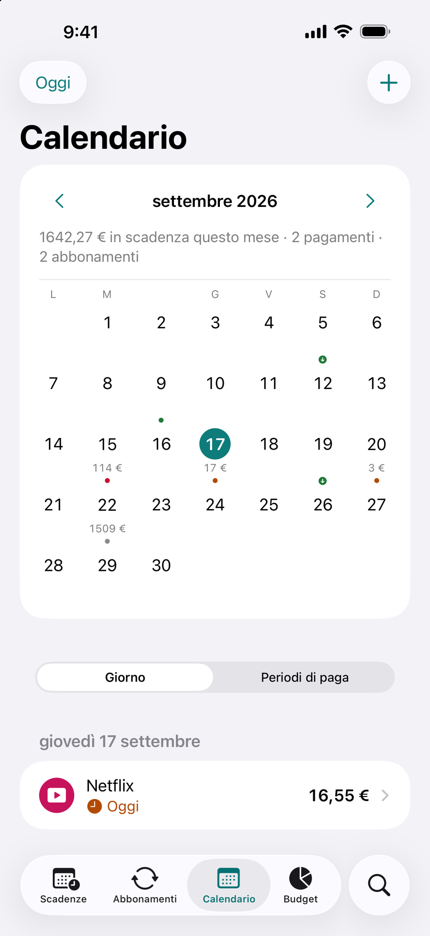 Calendario di DueBy: una griglia mensile con i puntini delle scadenze, i giorni di paga e i pagamenti del giorno selezionato