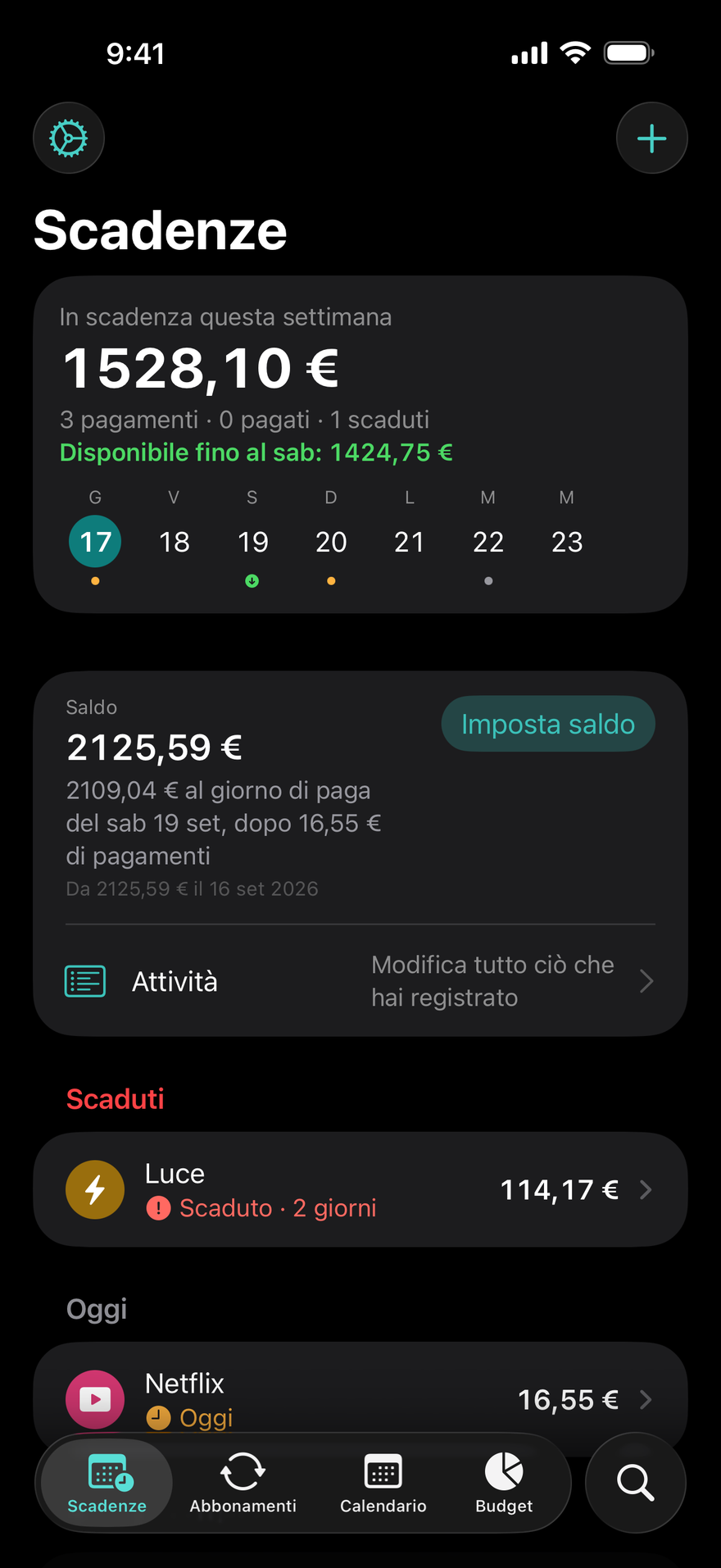 Schermata Scadenze di DueBy: 1.660,98 $ in scadenza questa settimana, Disponibile fino a sabato 1.911,73 $, una bolletta della luce scaduta, Netflix in scadenza oggi e iCloud+ in scadenza tra 3 giorni