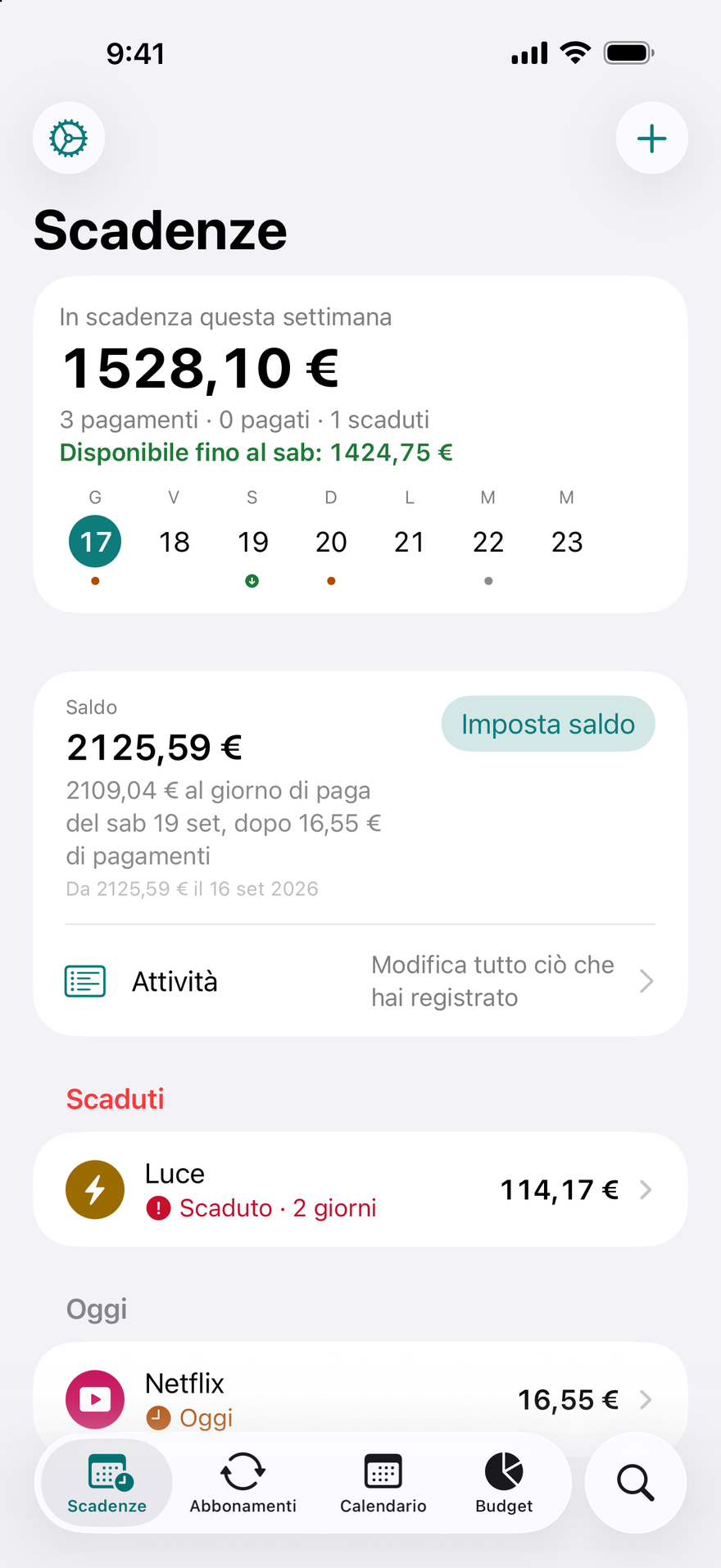 Schermata Scadenze di DueBy: 1.660,98 $ in scadenza questa settimana, Disponibile fino a sabato 1.911,73 $, una bolletta della luce scaduta, Netflix in scadenza oggi e iCloud+ in scadenza tra 3 giorni