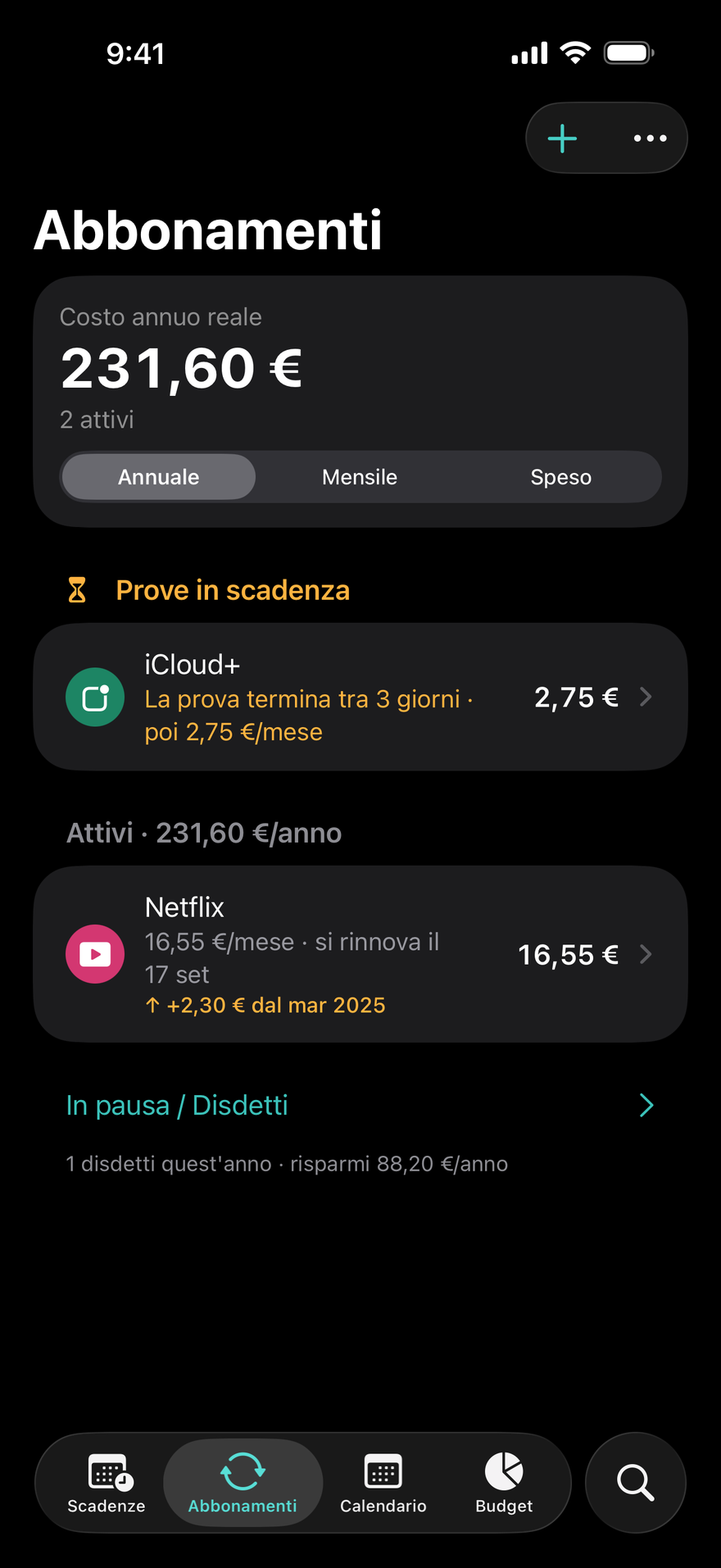 Abbonamenti di DueBy: prove in scadenza, abbonamenti attivi con un totale annuo e un'etichetta di aumento di prezzo