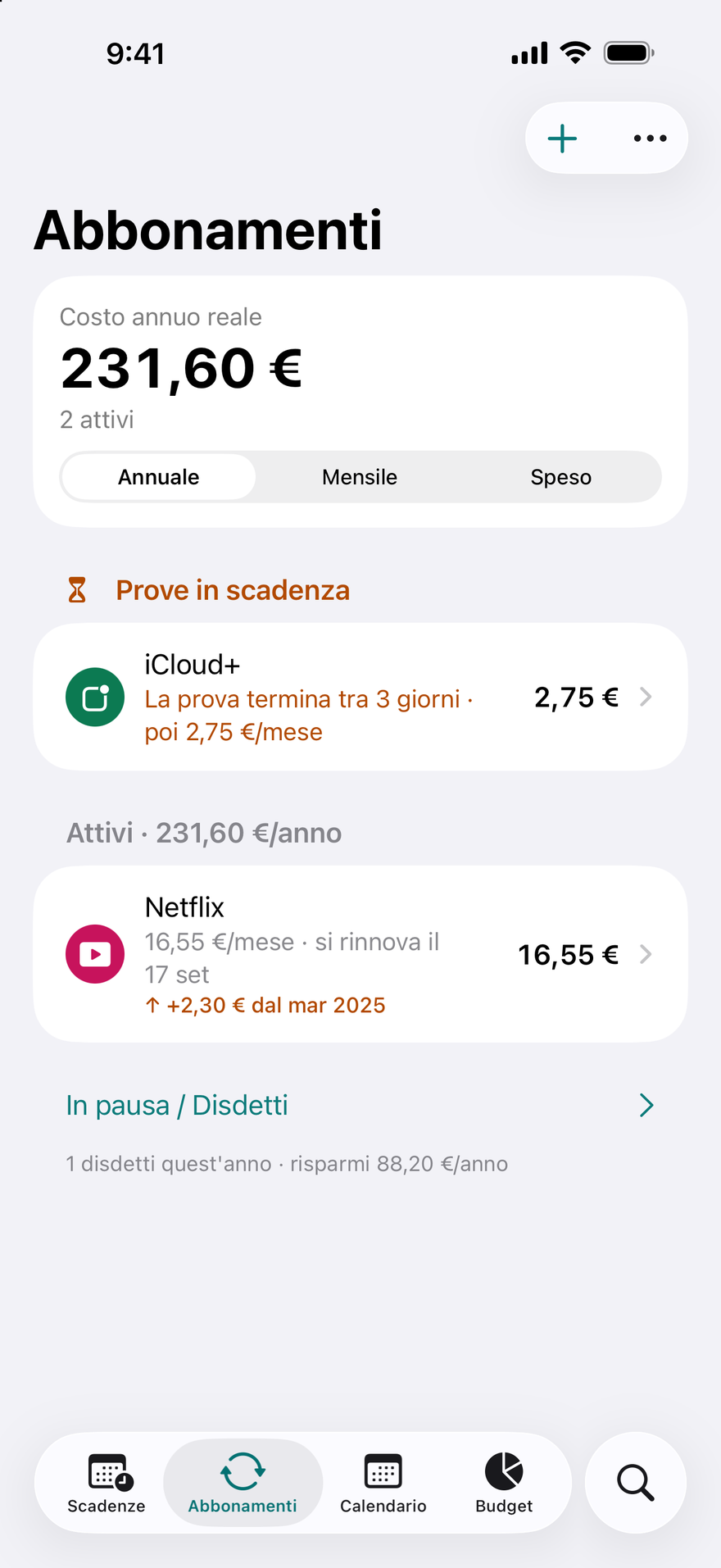 Abbonamenti di DueBy: prove in scadenza, abbonamenti attivi con un totale annuo e un'etichetta di aumento di prezzo