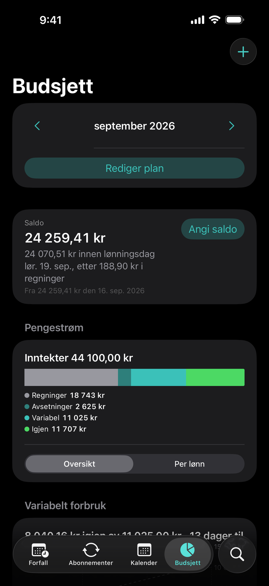 Budsjett i DueBy: pengestrømlinje, kort per lønn og fremdrift per kategori