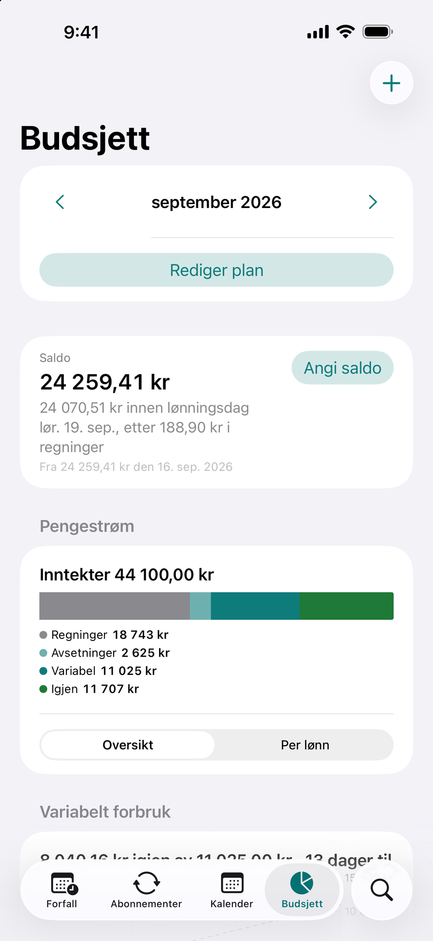 Budsjett i DueBy: pengestrømlinje, kort per lønn og fremdrift per kategori