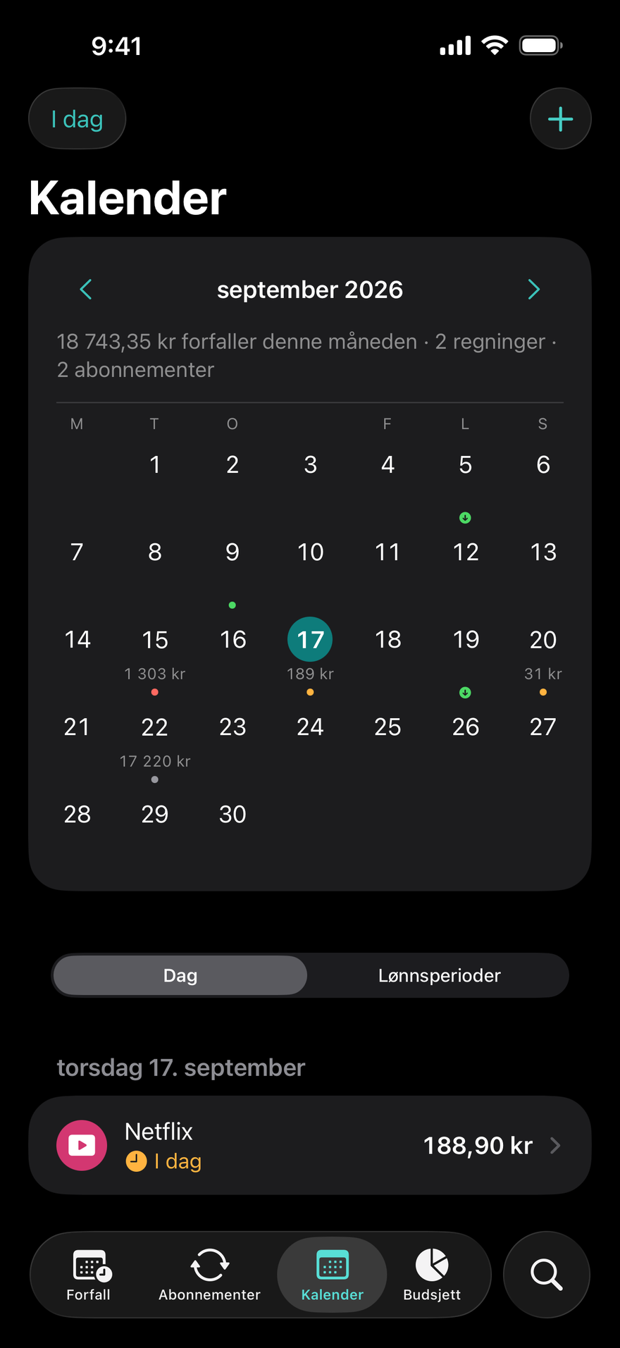 Kalender i DueBy: månedsvisning med prikker for forfallsdatoer, lønningsdager og regningene for den valgte dagen
