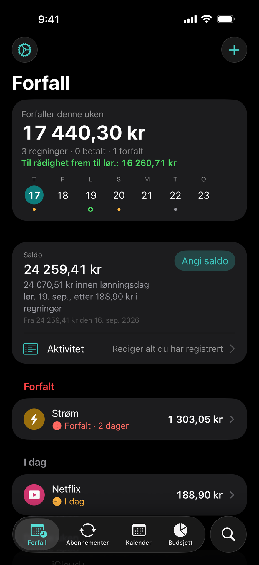 Forfall-skjermen i DueBy: $1,660.98 forfaller denne uken, Til rådighet frem til lørdag $1,911.73, en forfalt strømregning, Netflix forfaller i dag og iCloud+ forfaller om 3 dager