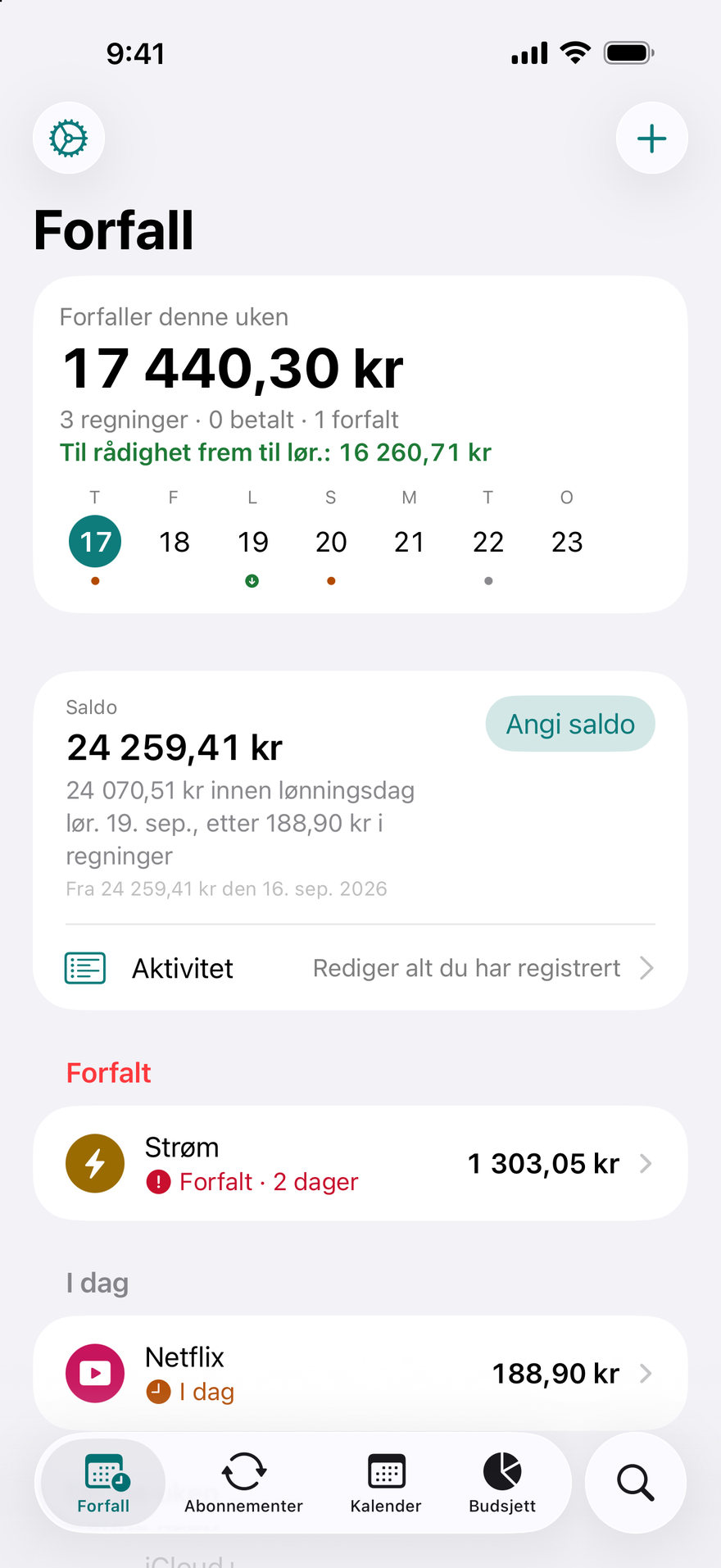 Forfall-skjermen i DueBy: $1,660.98 forfaller denne uken, Til rådighet frem til lørdag $1,911.73, en forfalt strømregning, Netflix forfaller i dag og iCloud+ forfaller om 3 dager
