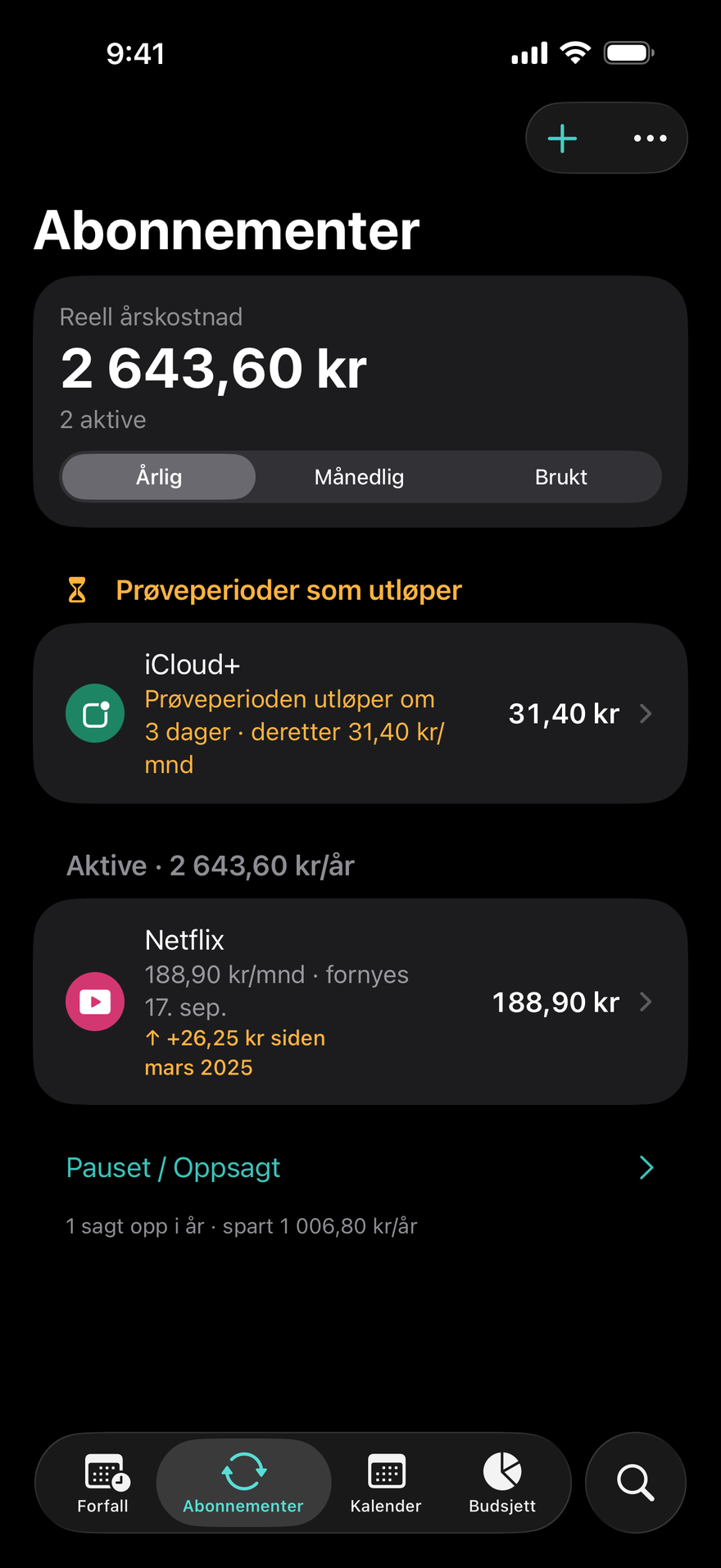Abonnementer i DueBy: prøveperioder som utløper, aktive abonnementer med årssum og et merke for prisøkning