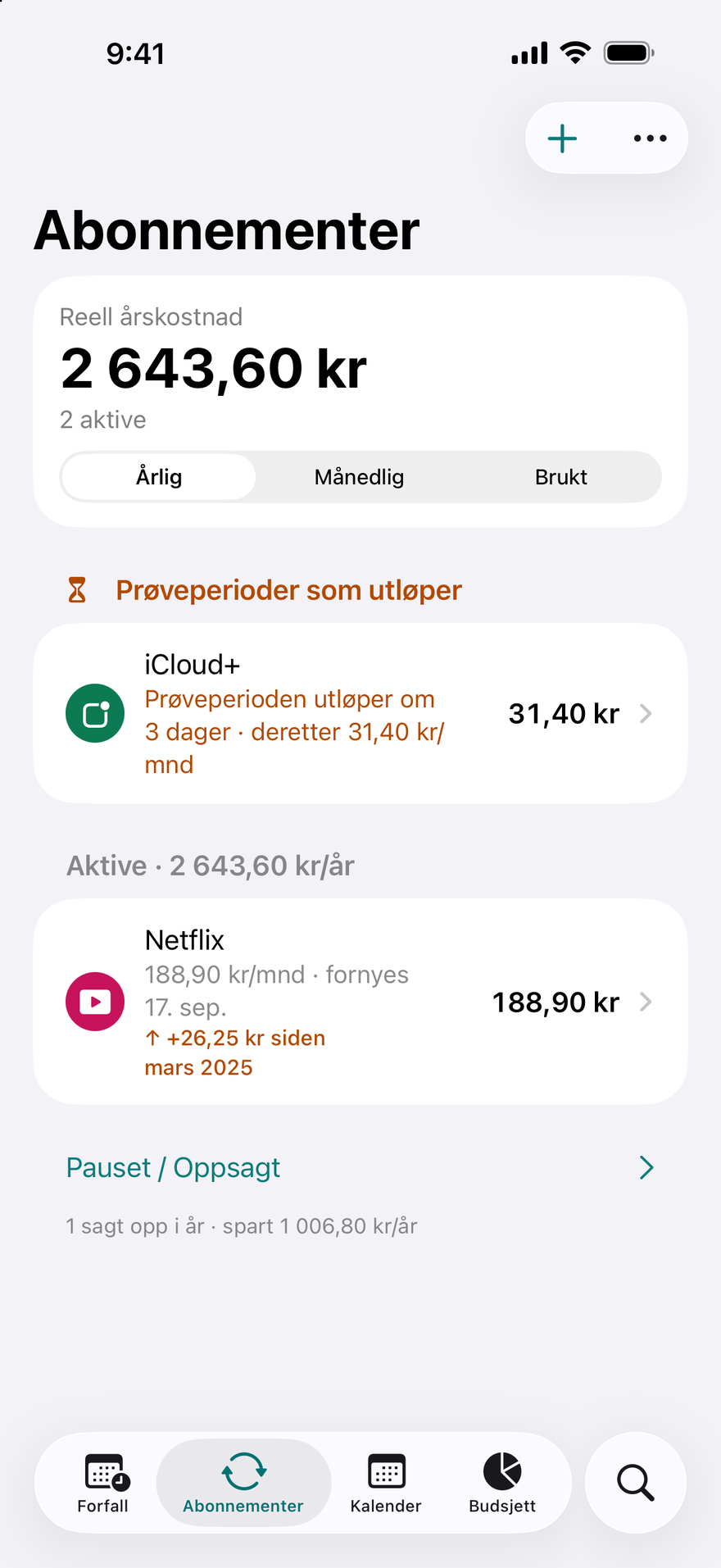 Abonnementer i DueBy: prøveperioder som utløper, aktive abonnementer med årssum og et merke for prisøkning