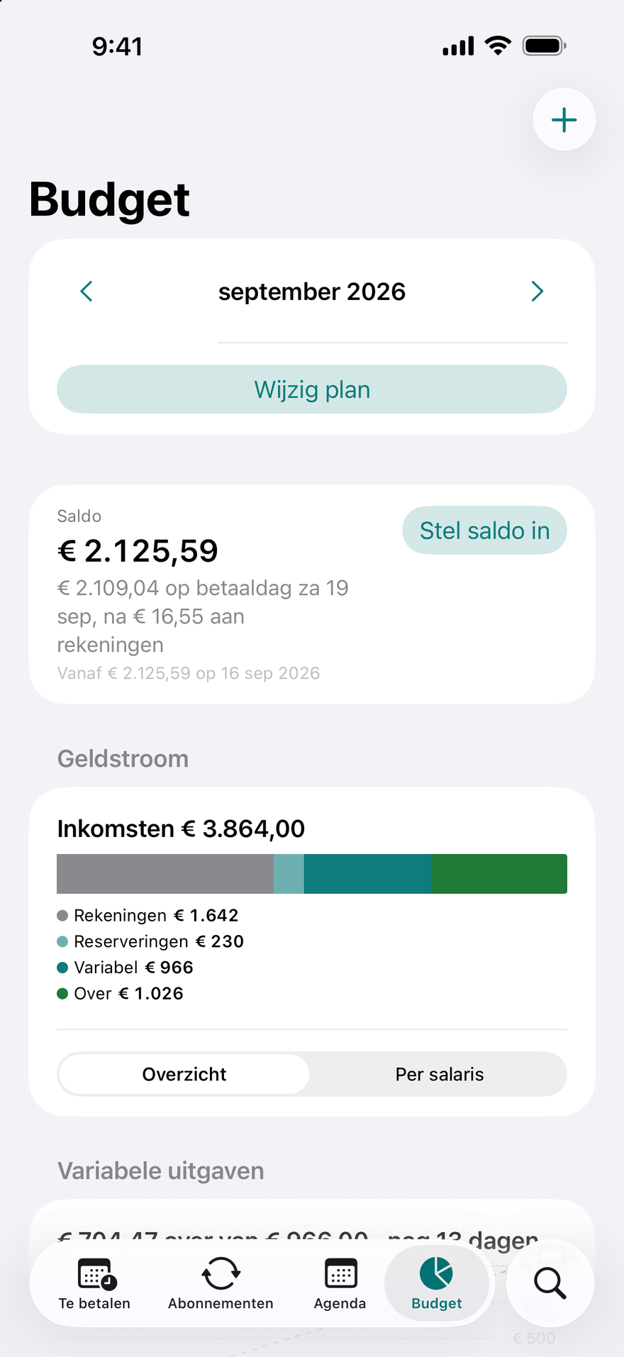 DueBy Budget: geldstroombalk, kaarten per salaris en voortgang per categorie