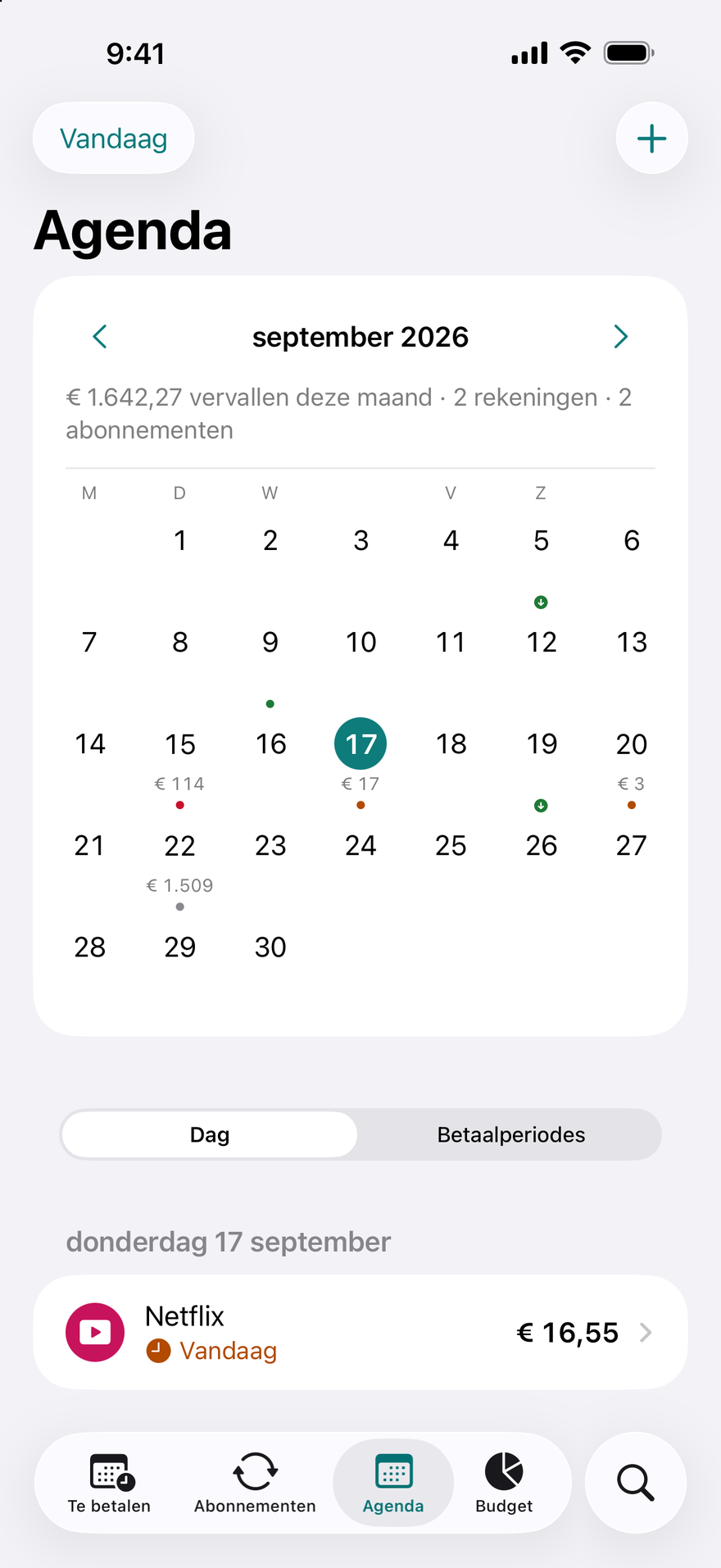 DueBy Agenda: een maandraster met stippen voor vervaldatums, betaaldagen en de rekeningen van de gekozen dag