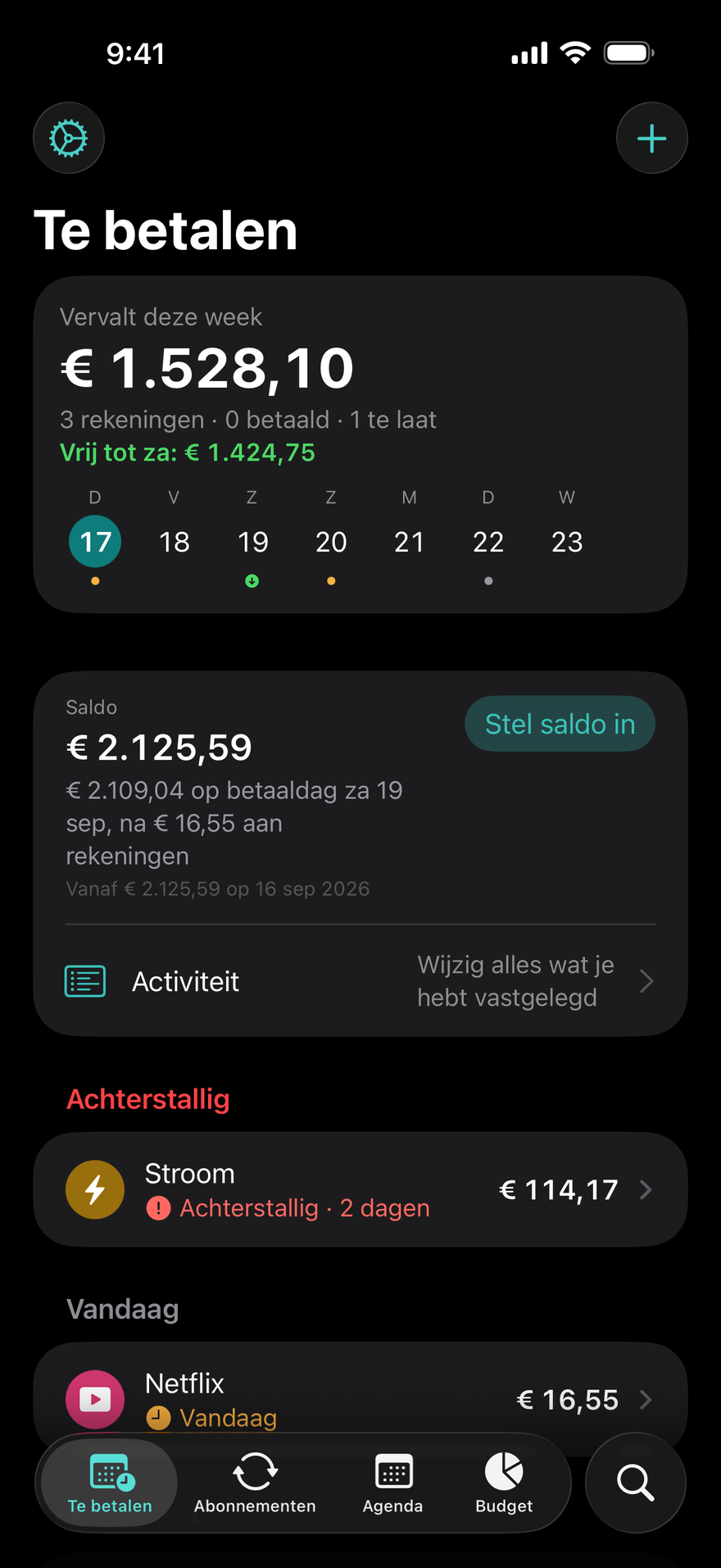 DueBy-scherm Te betalen: $ 1.660,98 te betalen deze week, Vrij tot zaterdag $ 1.911,73, een achterstallige elektriciteitsrekening, Netflix vandaag te betalen en iCloud+ over 3 dagen