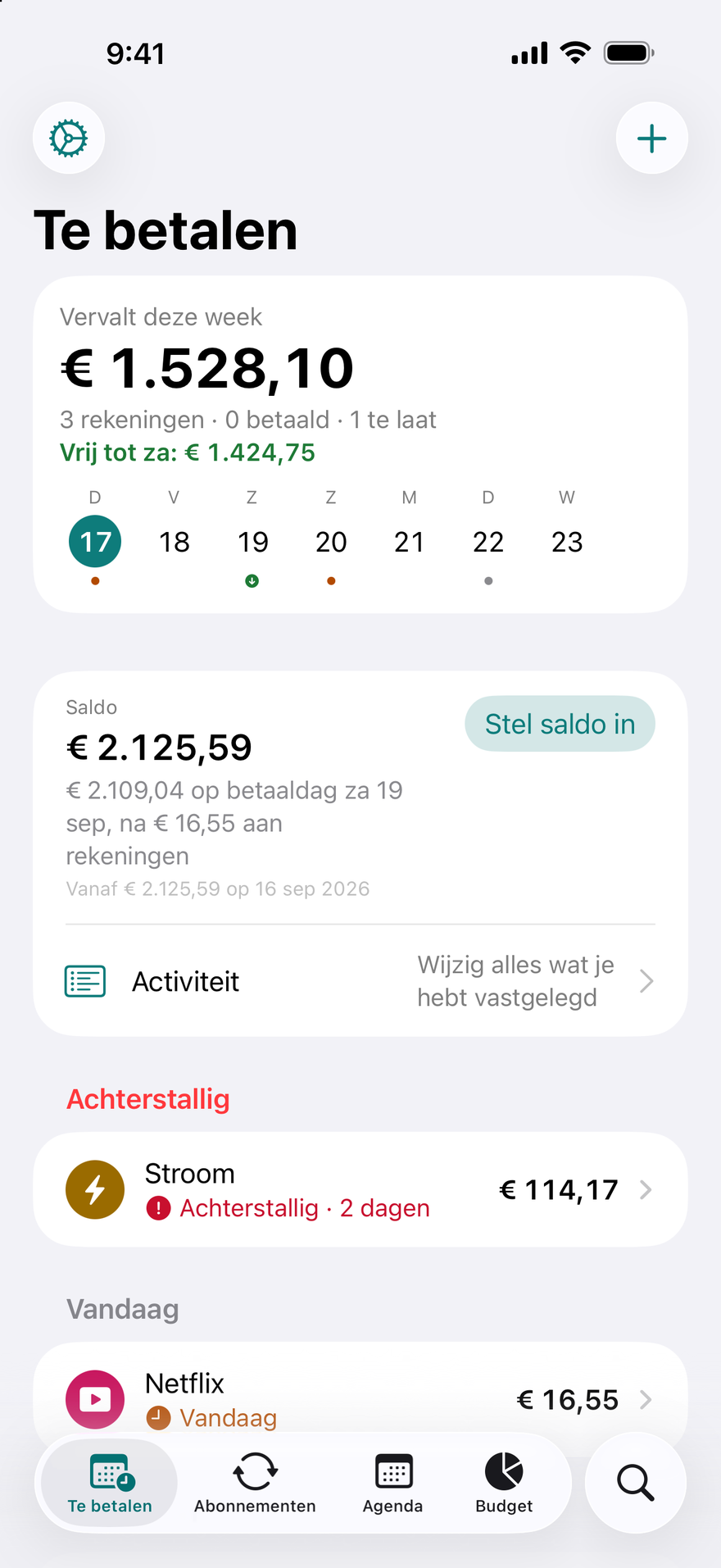 DueBy-scherm Te betalen: $ 1.660,98 te betalen deze week, Vrij tot zaterdag $ 1.911,73, een achterstallige elektriciteitsrekening, Netflix vandaag te betalen en iCloud+ over 3 dagen