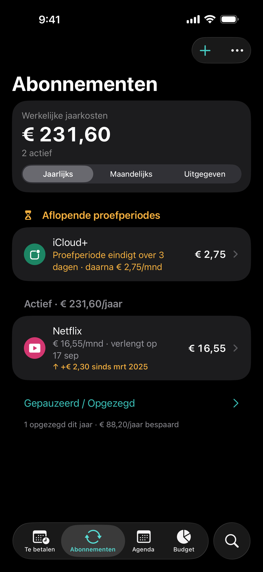DueBy Abonnementen: aflopende proefperiodes, actieve abonnementen met een jaartotaal en een label voor een prijsverhoging