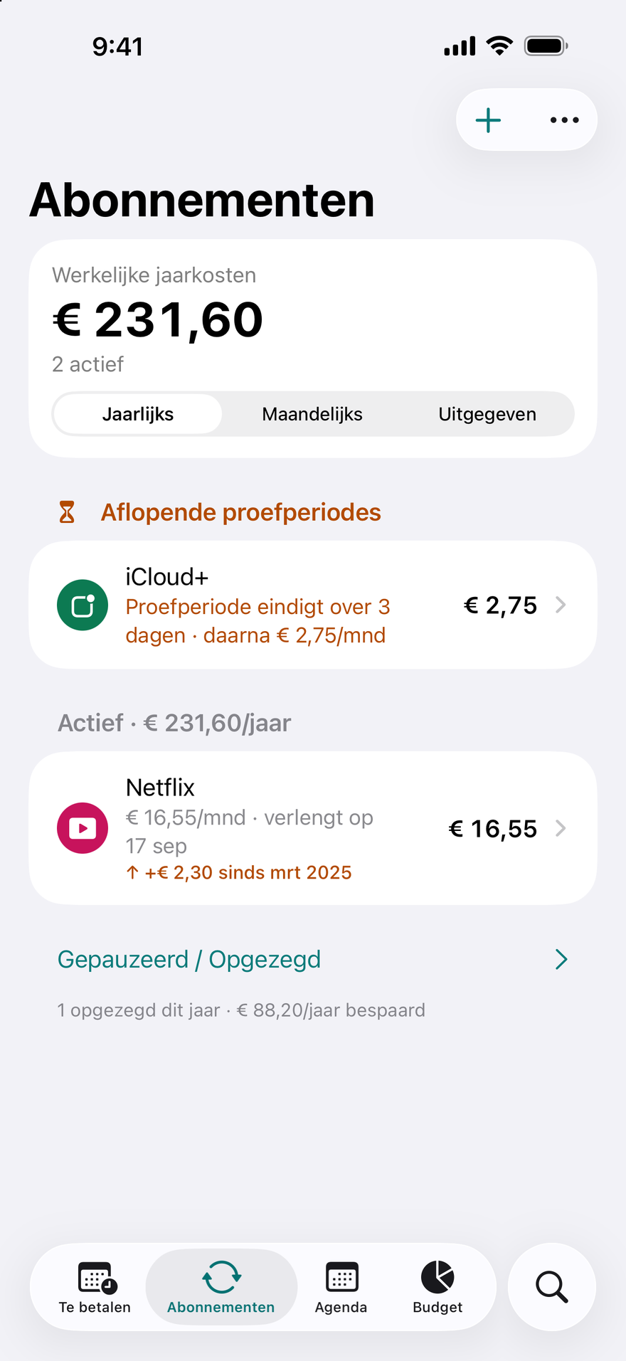 DueBy Abonnementen: aflopende proefperiodes, actieve abonnementen met een jaartotaal en een label voor een prijsverhoging
