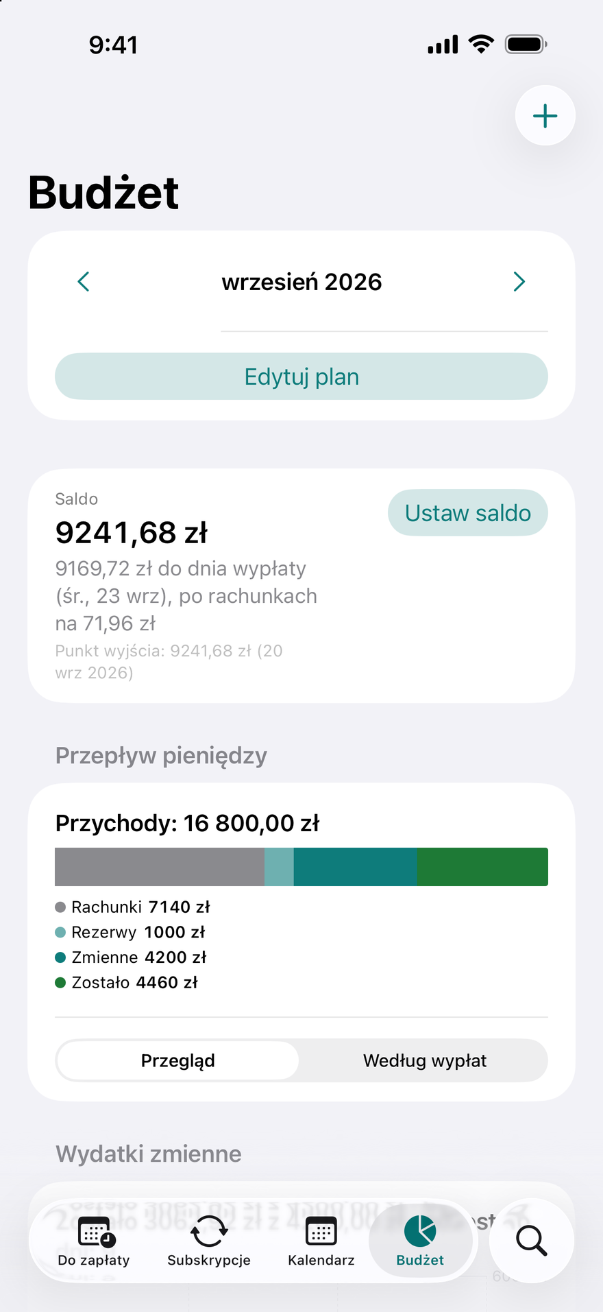 Budżet w DueBy: pasek przepływu pieniędzy, karty poszczególnych wypłat i postęp w kategoriach