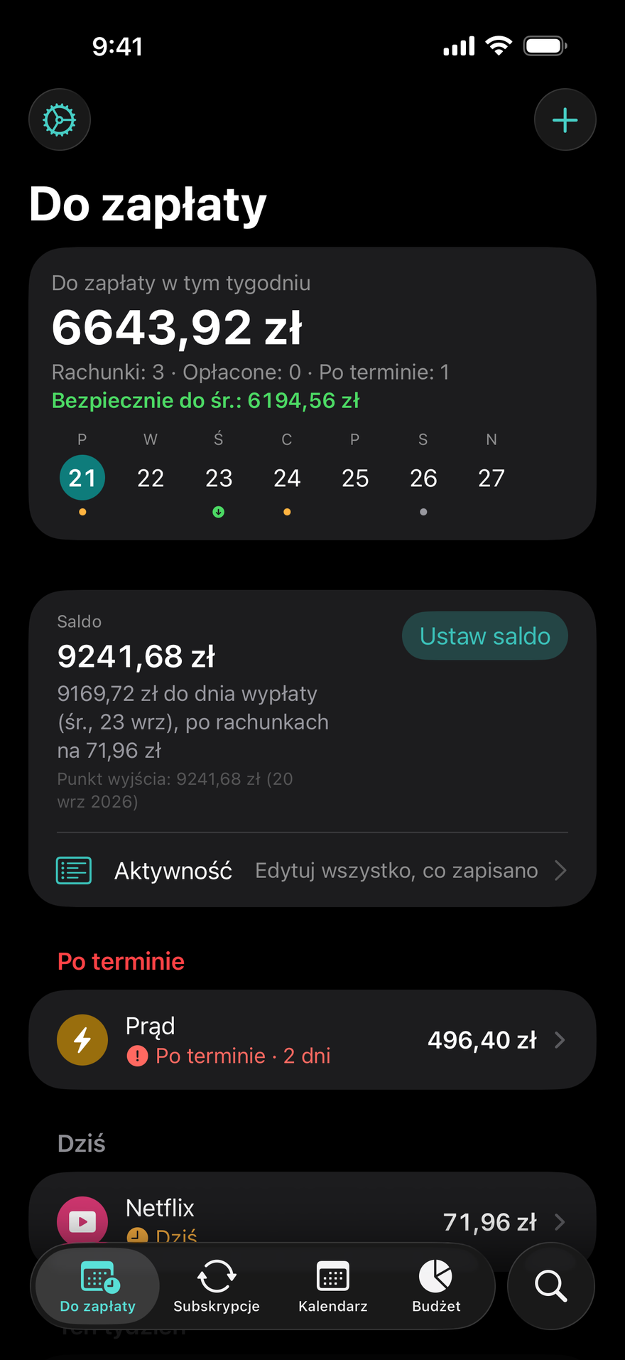 Ekran „Do zapłaty” w DueBy: 1660,98 $ do zapłaty w tym tygodniu, „Bezpiecznie do soboty” 1911,73 $, rachunek za prąd po terminie, Netflix do zapłaty dzisiaj i iCloud+ do zapłaty za 3 dni