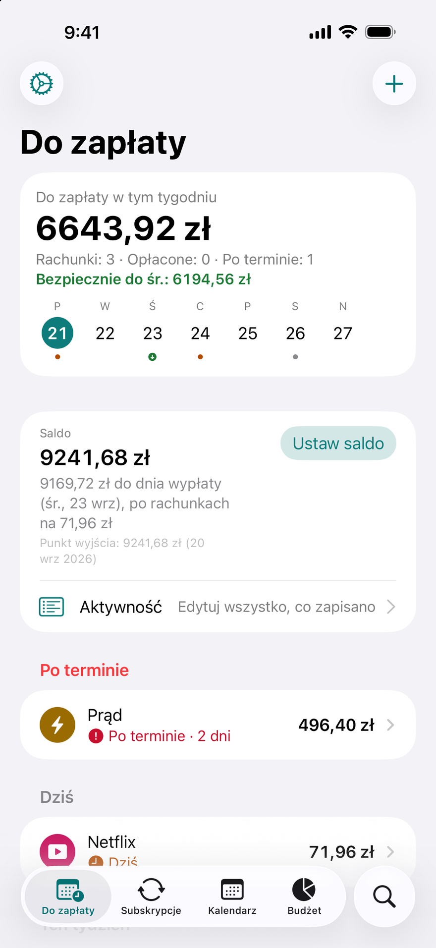 Ekran „Do zapłaty” w DueBy: 1660,98 $ do zapłaty w tym tygodniu, „Bezpiecznie do soboty” 1911,73 $, rachunek za prąd po terminie, Netflix do zapłaty dzisiaj i iCloud+ do zapłaty za 3 dni