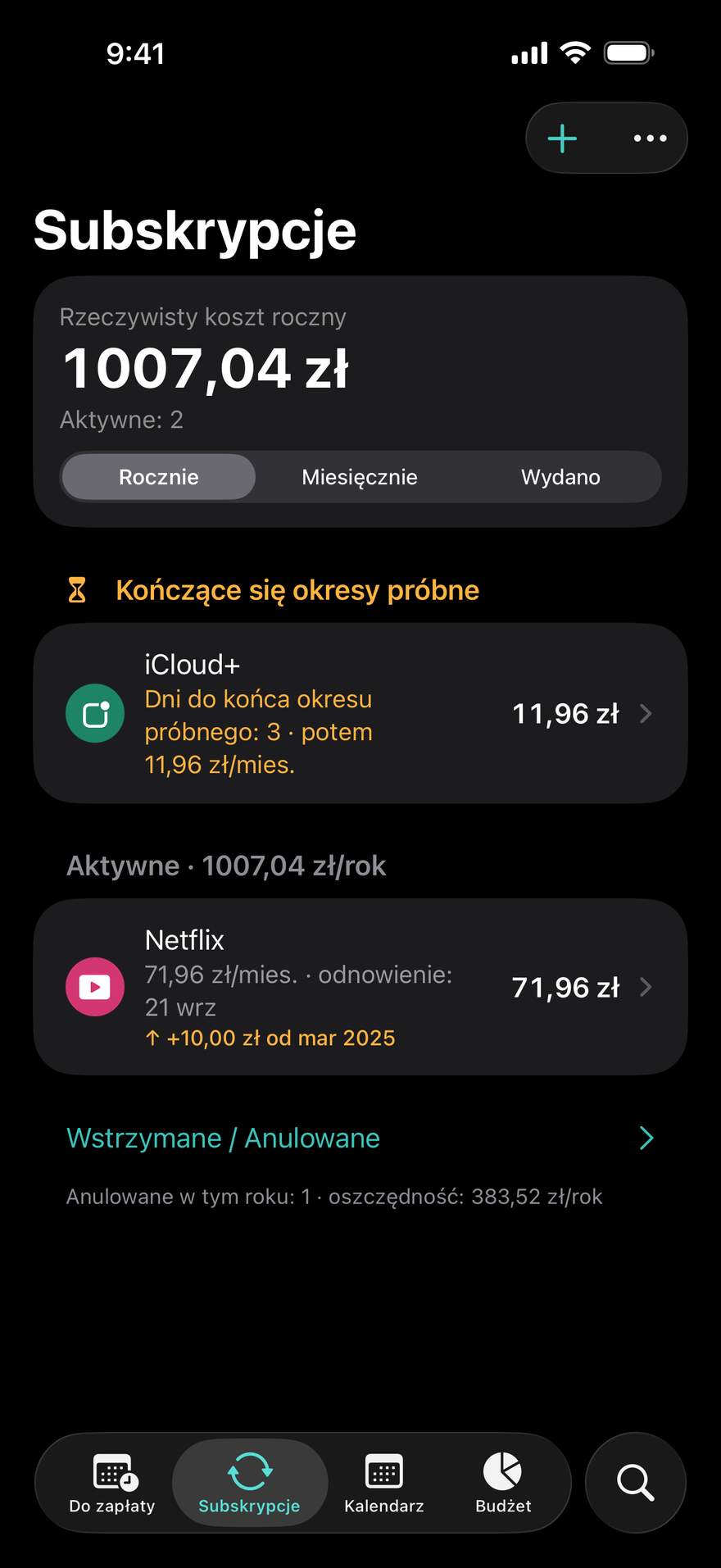 Subskrypcje w DueBy: kończące się okresy próbne, aktywne subskrypcje z sumą roczną i znacznik podwyżki ceny