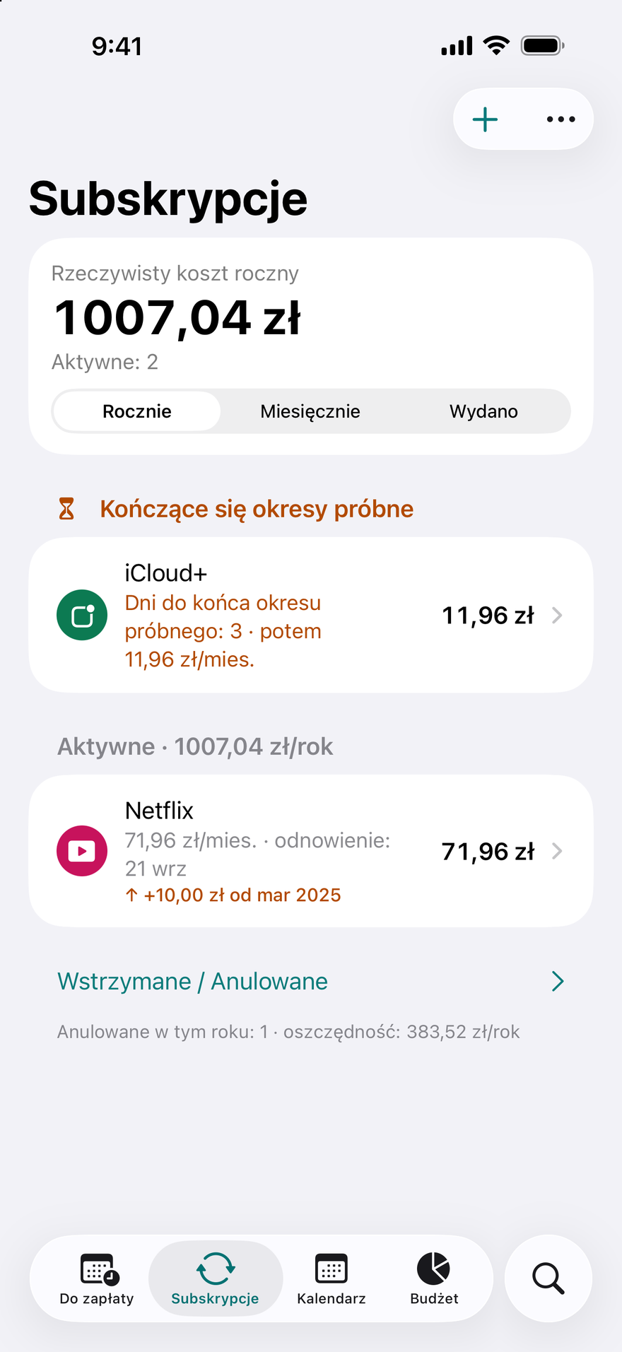 Subskrypcje w DueBy: kończące się okresy próbne, aktywne subskrypcje z sumą roczną i znacznik podwyżki ceny