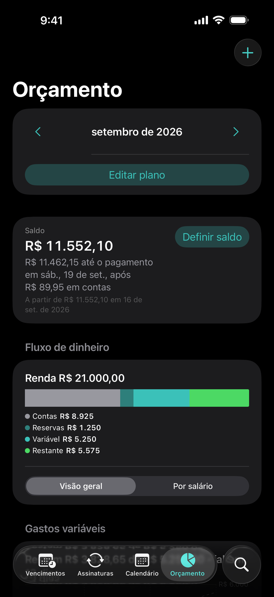 Orçamento do DueBy: barra de fluxo do dinheiro, cartões por salário e progresso por categoria