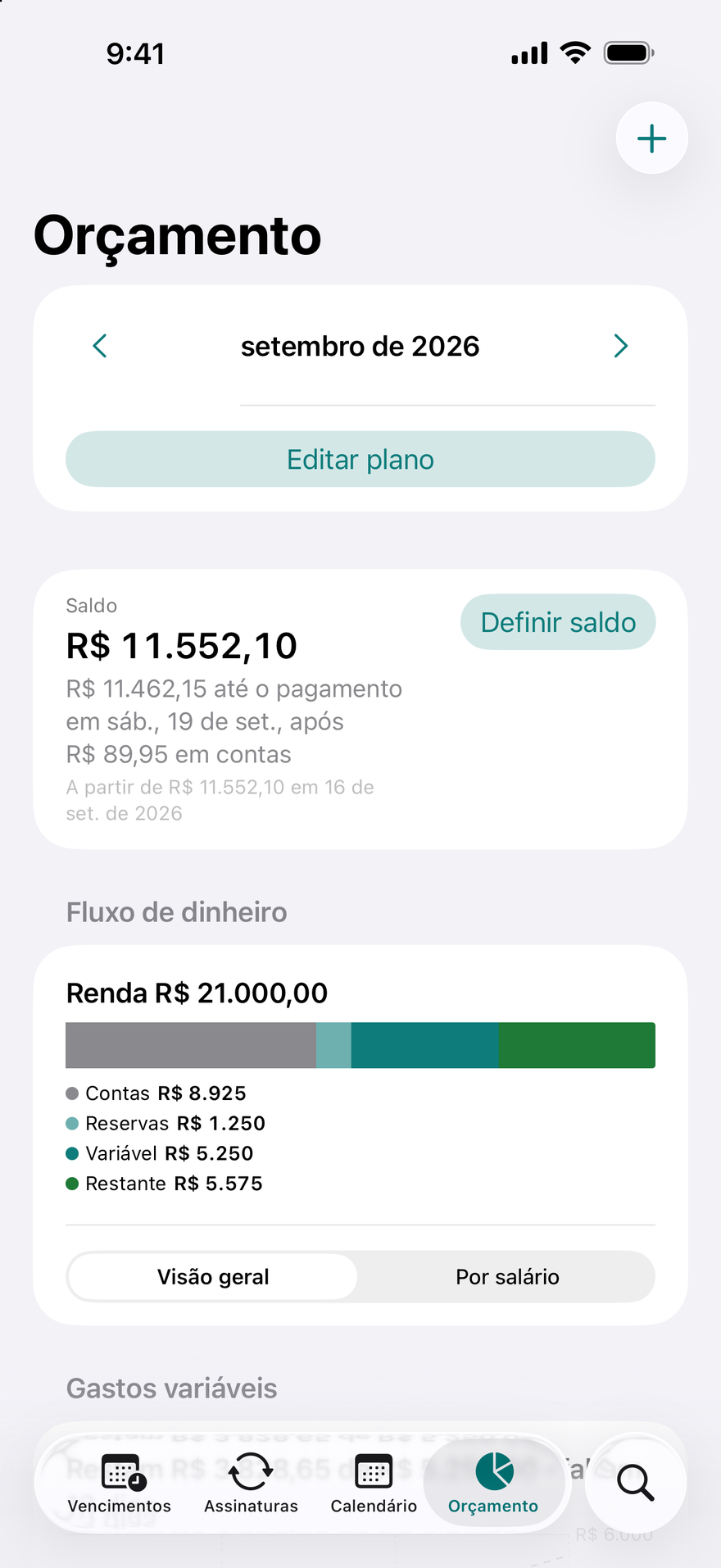 Orçamento do DueBy: barra de fluxo do dinheiro, cartões por salário e progresso por categoria