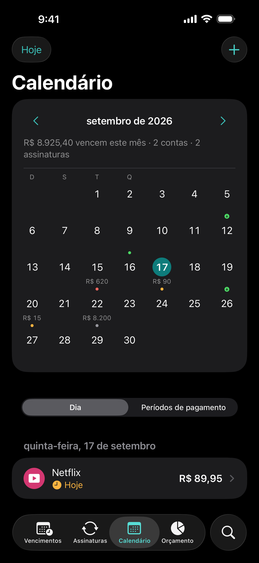 Calendário do DueBy: uma grade mensal com pontos nos vencimentos, dias de pagamento e as contas do dia selecionado