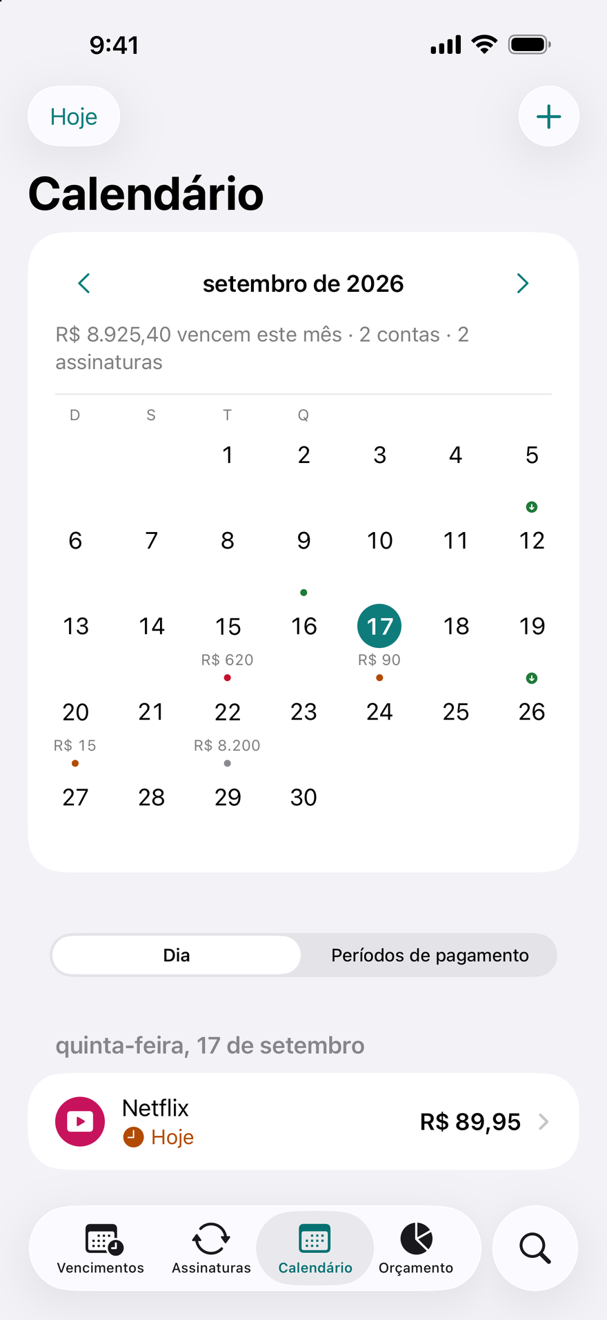 Calendário do DueBy: uma grade mensal com pontos nos vencimentos, dias de pagamento e as contas do dia selecionado