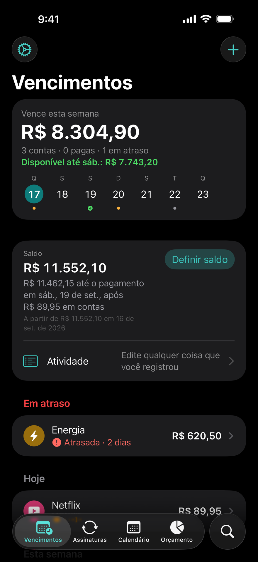 Tela Vencimentos do DueBy: $1,660.98 vencem esta semana, Disponível até sábado $1,911.73, uma conta de luz em atraso, Netflix vence hoje e iCloud+ vence em 3 dias