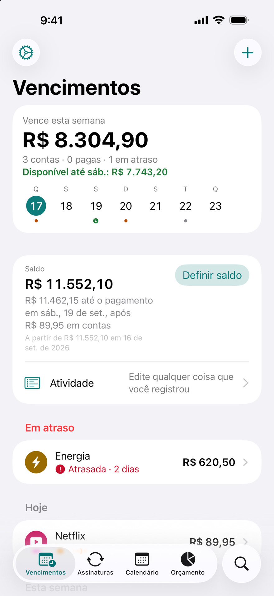 Tela Vencimentos do DueBy: $1,660.98 vencem esta semana, Disponível até sábado $1,911.73, uma conta de luz em atraso, Netflix vence hoje e iCloud+ vence em 3 dias