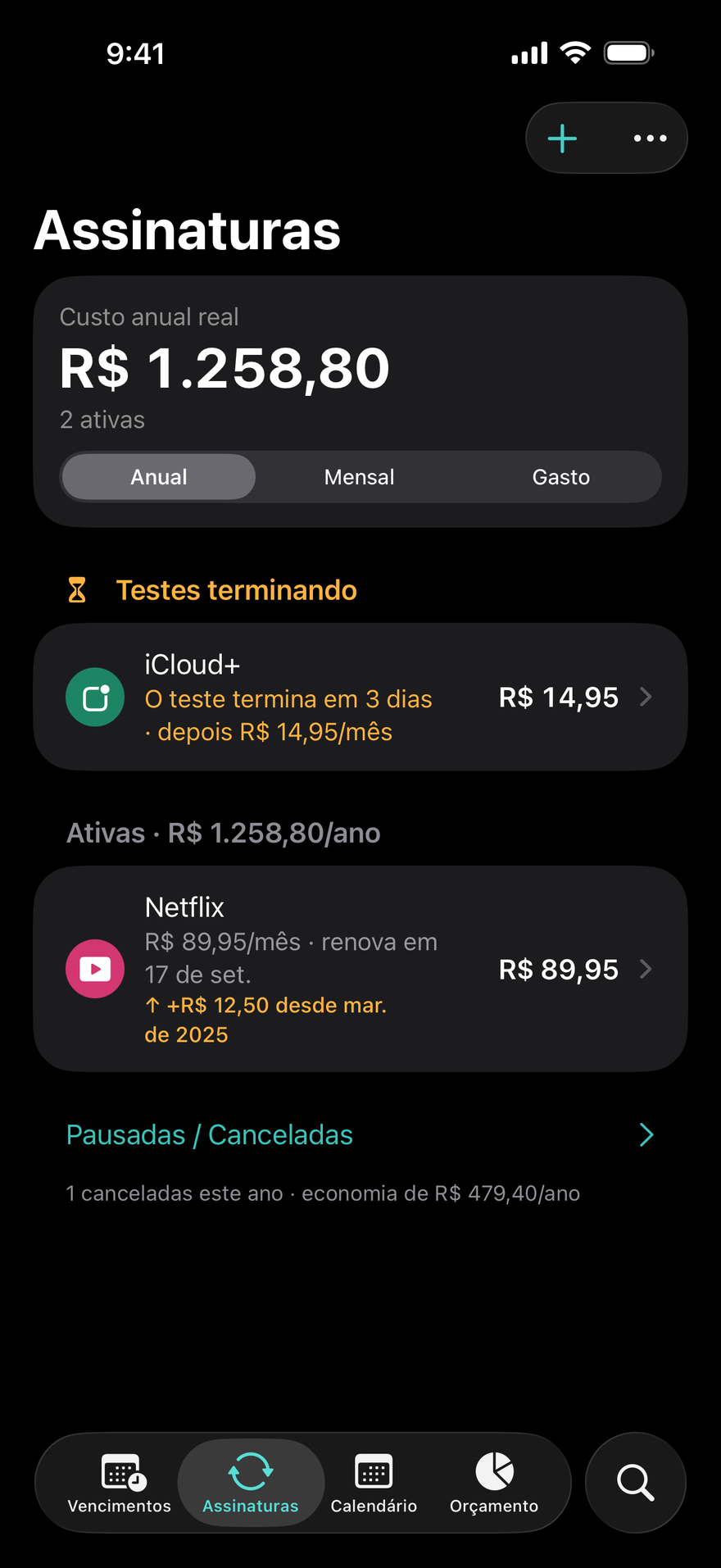 Assinaturas do DueBy: testes terminando, assinaturas ativas com um total anual e um selo de aumento de preço