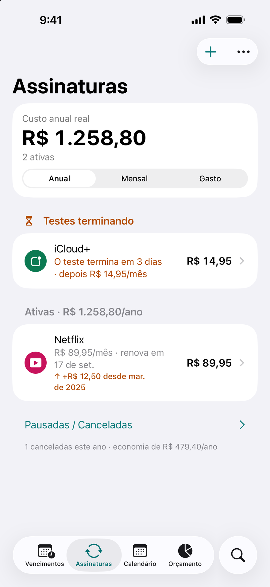 Assinaturas do DueBy: testes terminando, assinaturas ativas com um total anual e um selo de aumento de preço