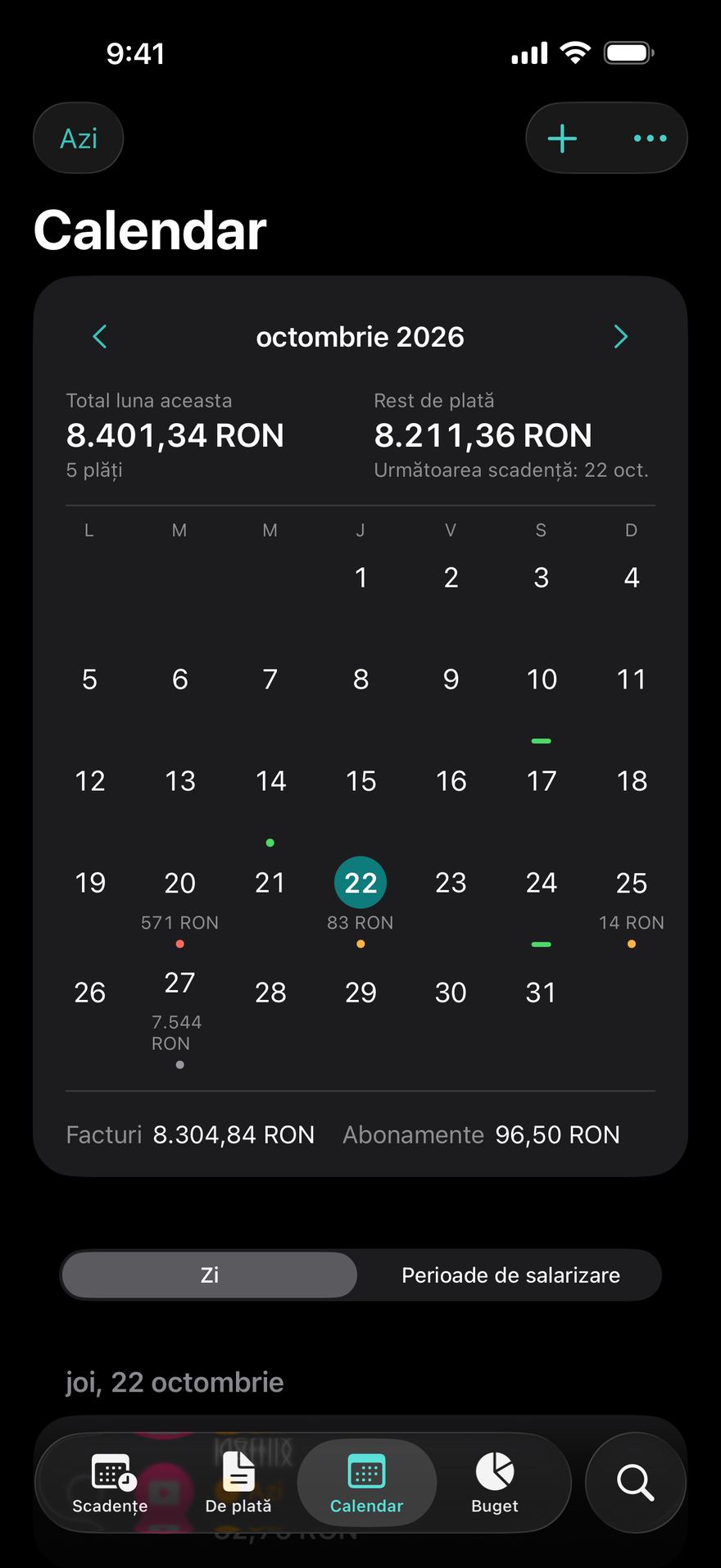 Calendarul din DueBy: o grilă lunară cu puncte pentru scadențe, zilele de salariu și facturile zilei selectate