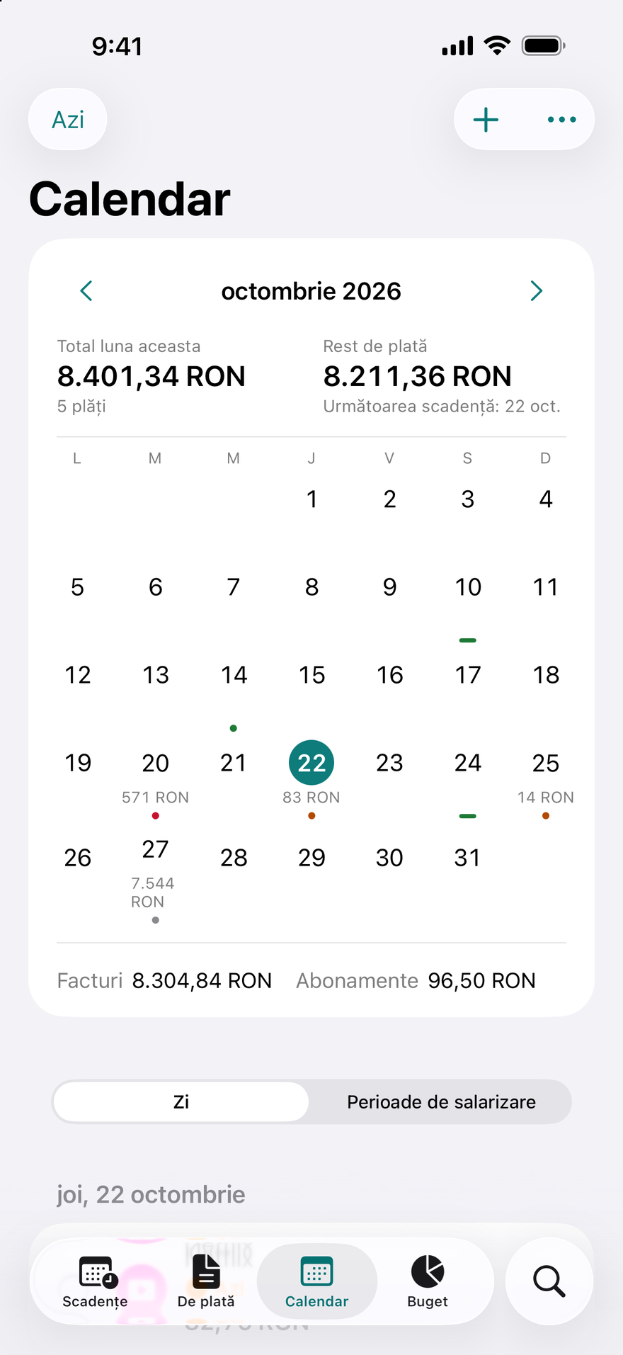 Calendarul din DueBy: o grilă lunară cu puncte pentru scadențe, zilele de salariu și facturile zilei selectate