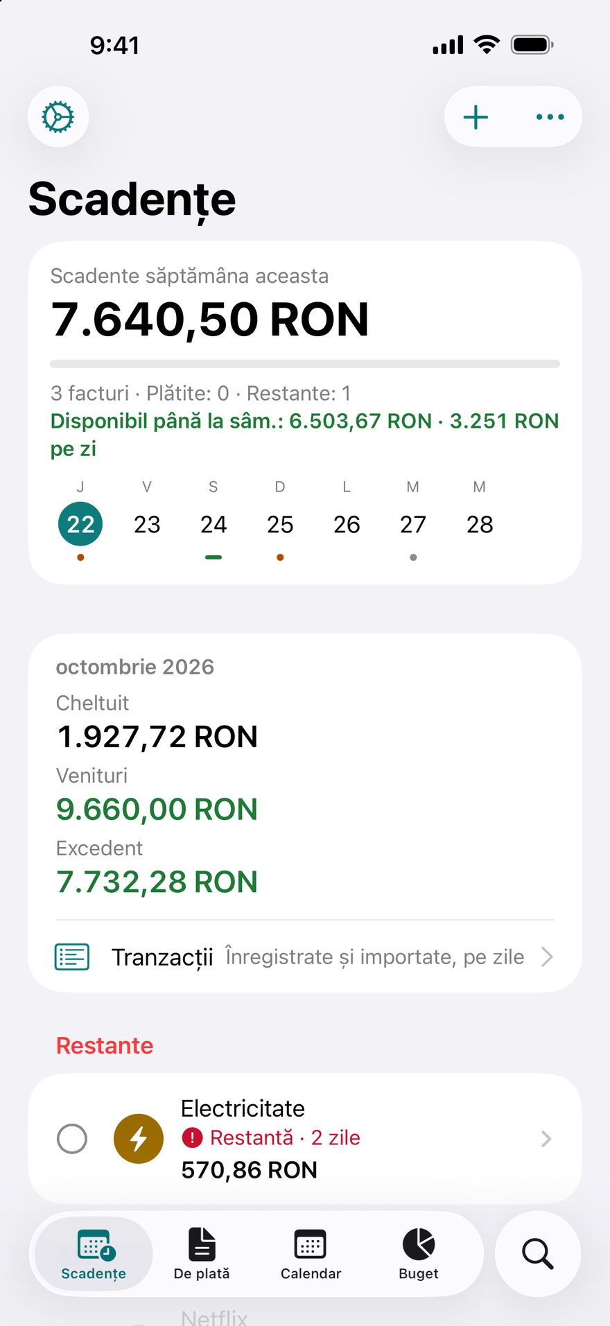 Ecranul Scadențe din DueBy: totalul de plată în această săptămână, cât aveți disponibil de cheltuit până la salariu, soldul cu o legătură către Tranzacții, o factură la electricitate restantă și Netflix, scadent azi