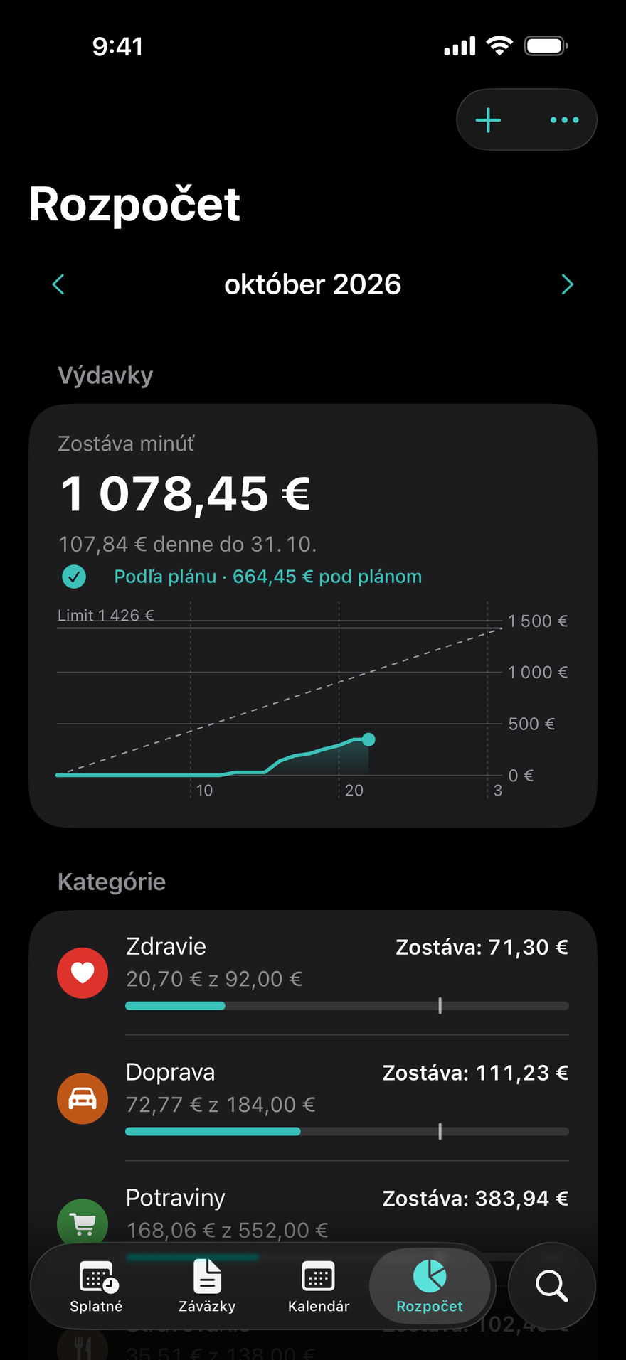 Rozpočet v apke DueBy: koľko zostáva minúť tento mesiac, koľko to robí na deň a graf tempa v porovnaní s minulým mesiacom