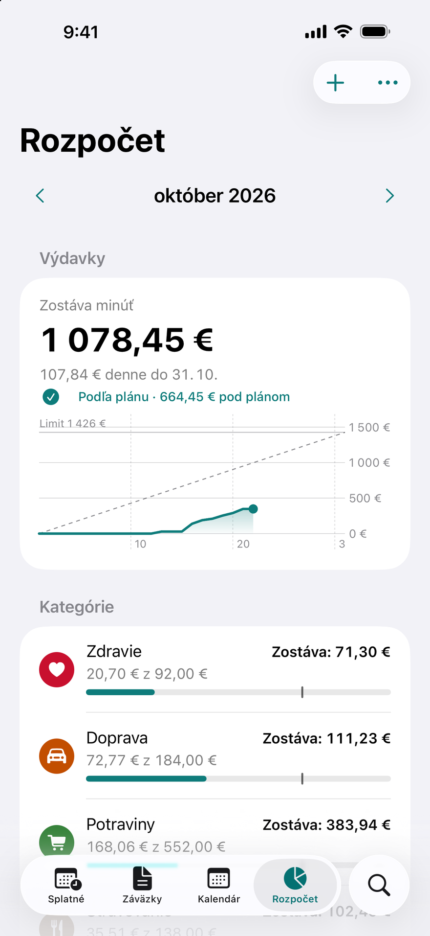 Rozpočet v apke DueBy: koľko zostáva minúť tento mesiac, koľko to robí na deň a graf tempa v porovnaní s minulým mesiacom