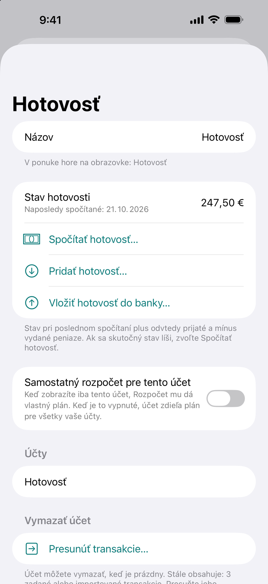 Hotovosť a ako bola každá platba uhradená