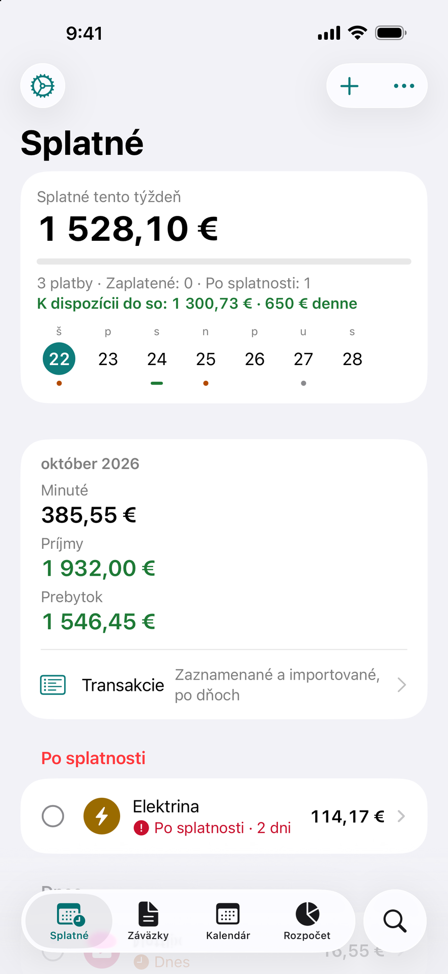 Obrazovka Splatné v apke DueBy: suma splatná tento týždeň, koľko môžete bezpečne minúť do výplaty, zostatok s odkazom na Transakcie, platba za elektrinu po splatnosti a Netflix splatný dnes