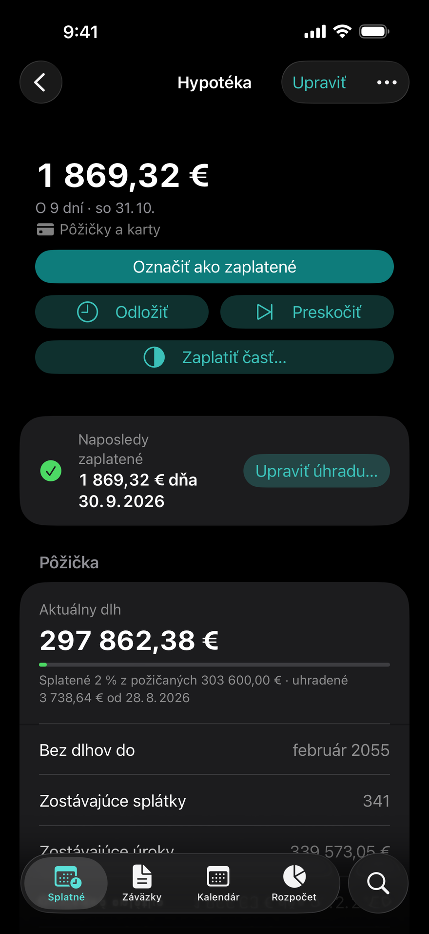 Detail pôžičky v apke DueBy: mesačná splátka hypotéky, aktuálny dlh a dátum, kedy budete bez dlhov