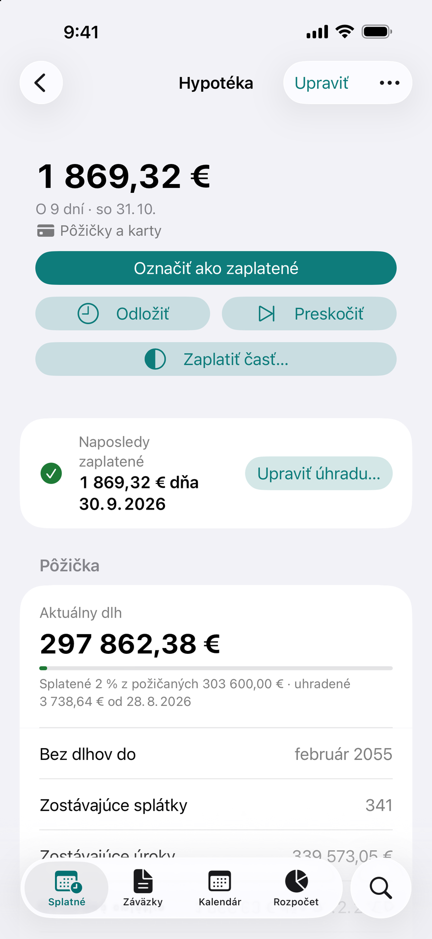 Detail pôžičky v apke DueBy: mesačná splátka hypotéky, aktuálny dlh a dátum, kedy budete bez dlhov
