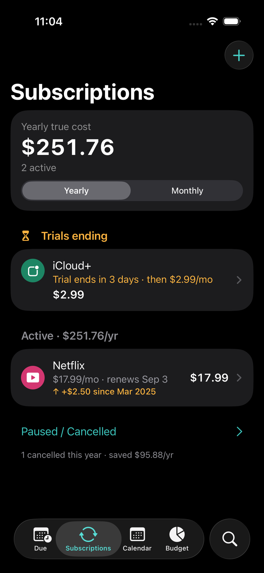 DueBy Subscriptions: trials ending, active subscriptions with a yearly total, and a price-increase chip