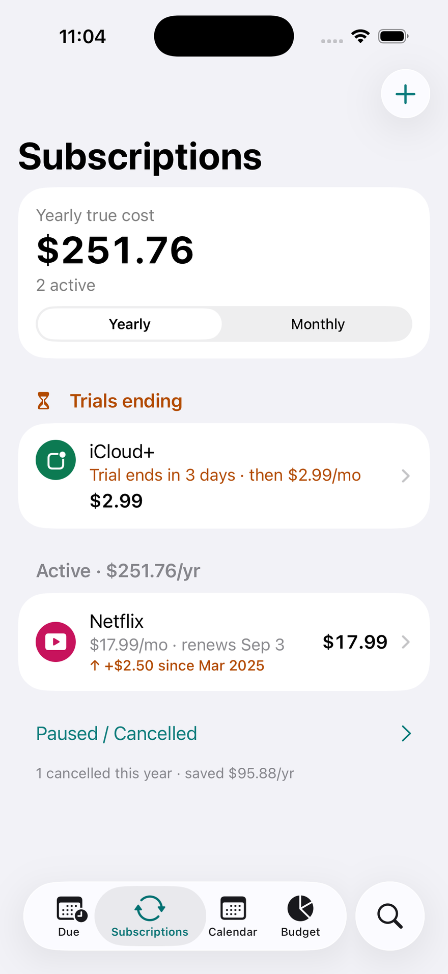 DueBy Subscriptions: trials ending, active subscriptions with a yearly total, and a price-increase chip