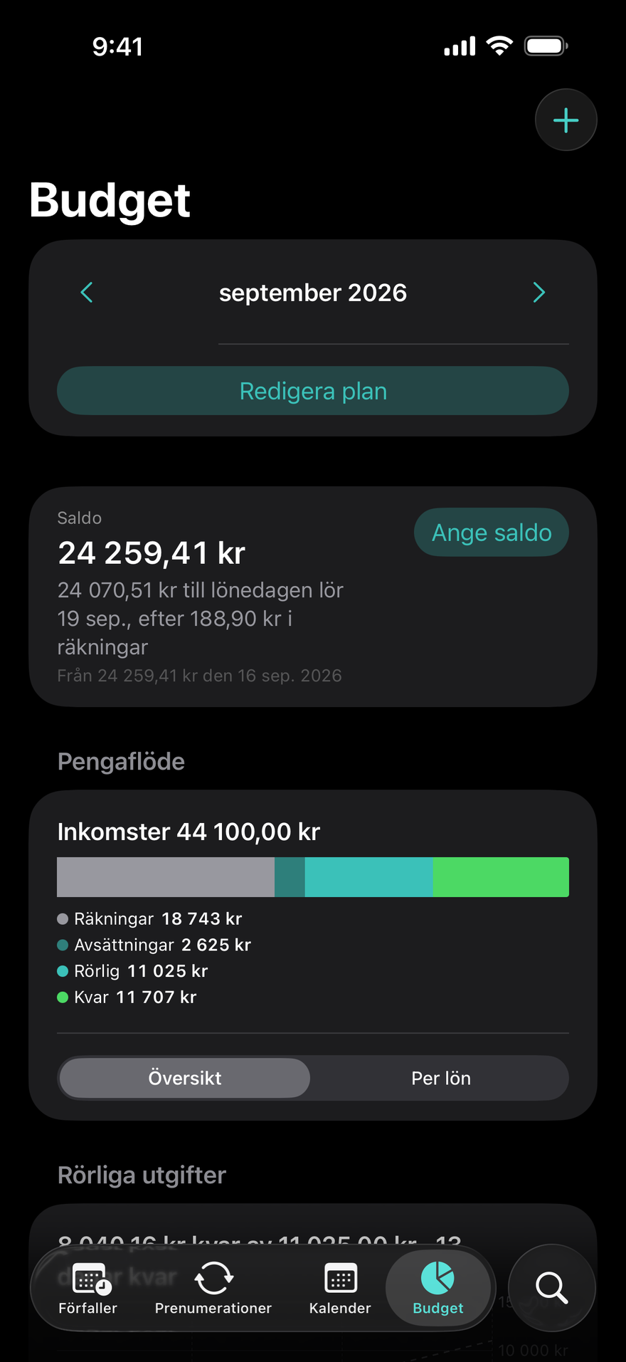 DueBy Budget: stapel över pengaflödet, kort per lön och förlopp per kategori