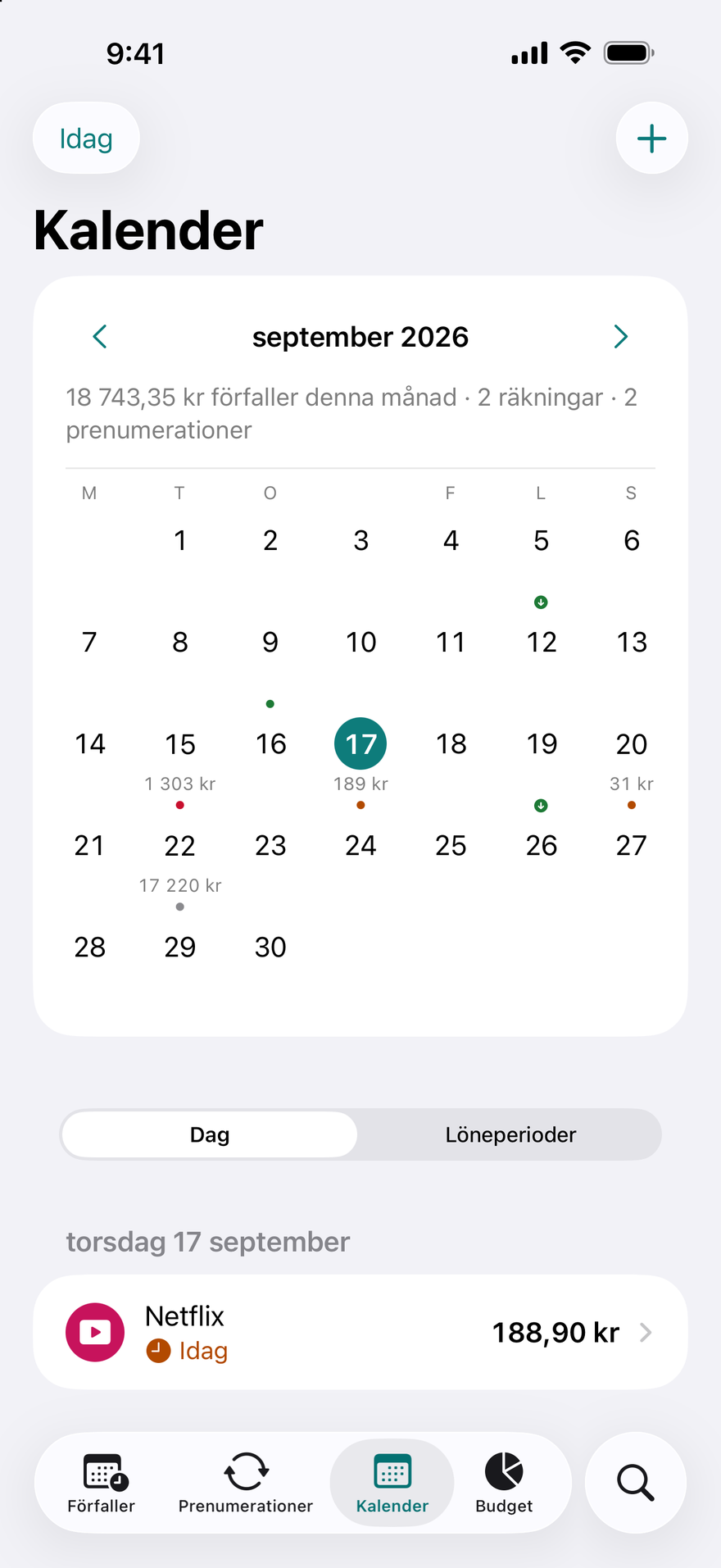 DueBy Kalender: ett månadsrutnät med prickar för förfallodagar, lönedagar och den valda dagens räkningar